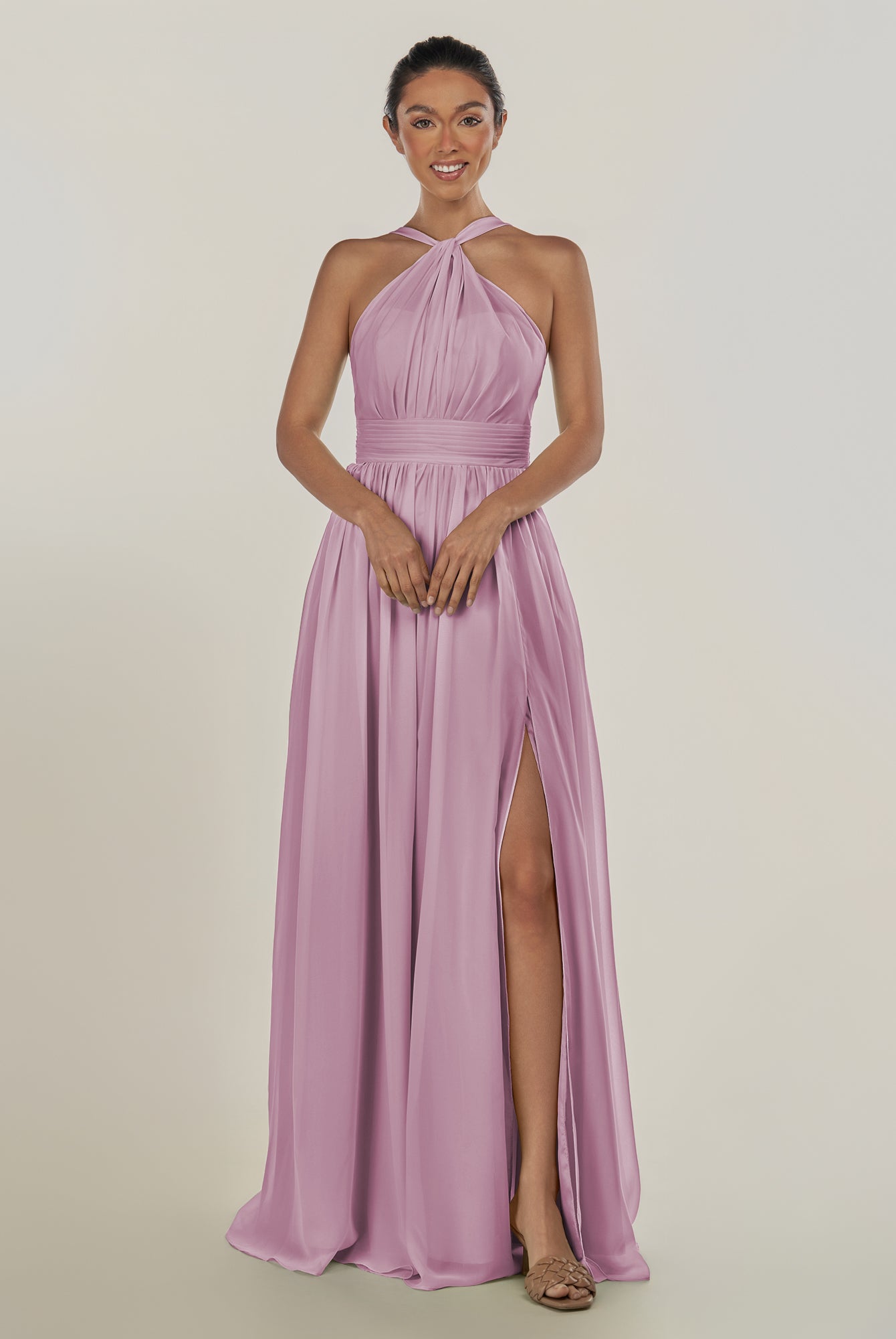 KissDress-Ciri Wisteria A Line Chiffon Halter Neck Pleated Long Bridesmaid Dress with Slit