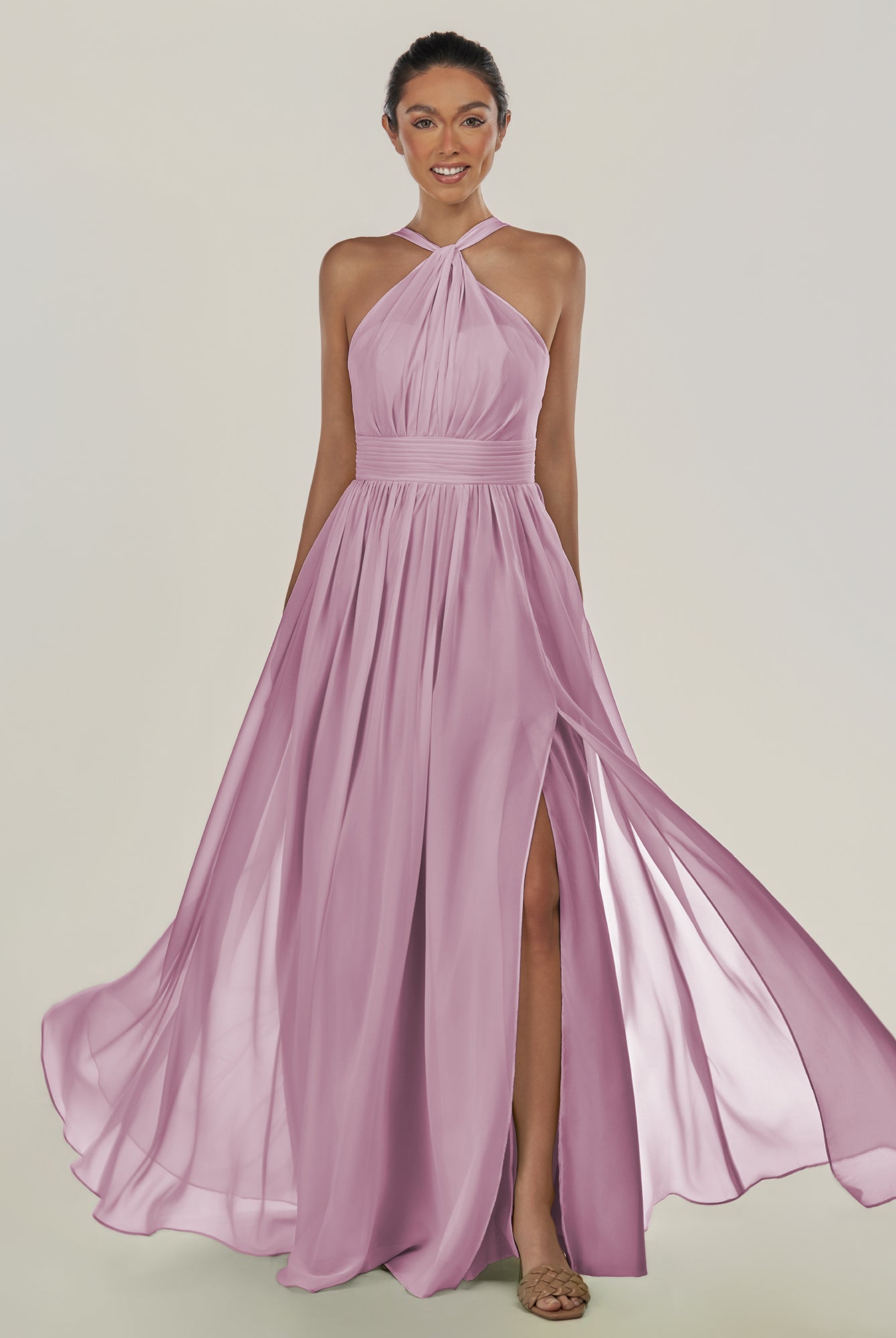 KissDress-Ciri Wisteria A Line Chiffon Halter Neck Pleated Long Bridesmaid Dress with Slit