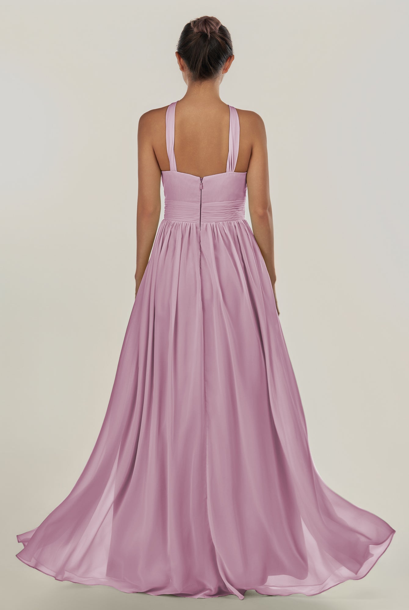 KissDress-Ciri Wisteria A Line Chiffon Halter Neck Pleated Long Bridesmaid Dress with Slit