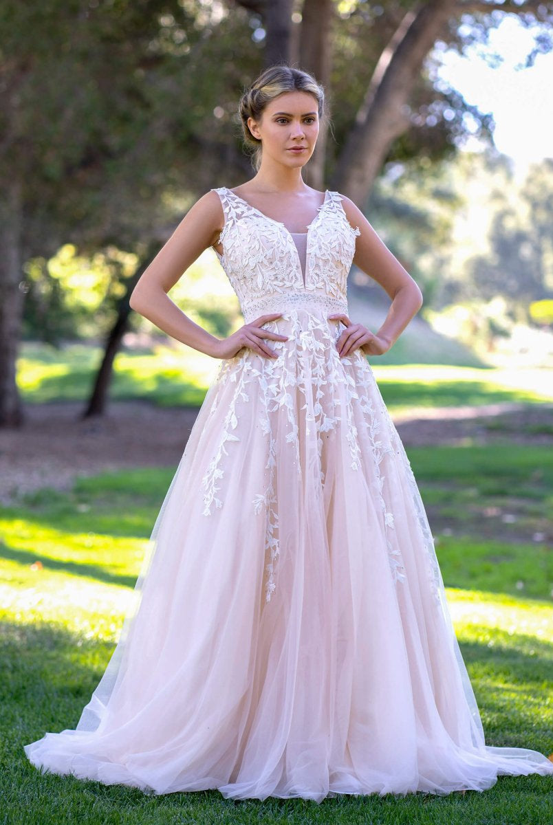 V - neck Applique Lace Tulle Sweep Train Prom Dress - KissProm
