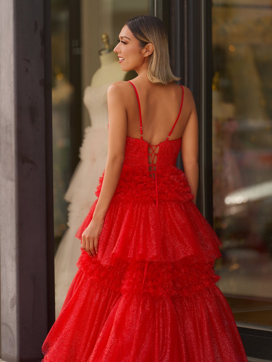Amanda| A - Line Spaghetti Straps Long Tiered Tulle Prom Dress With Split - KissProm