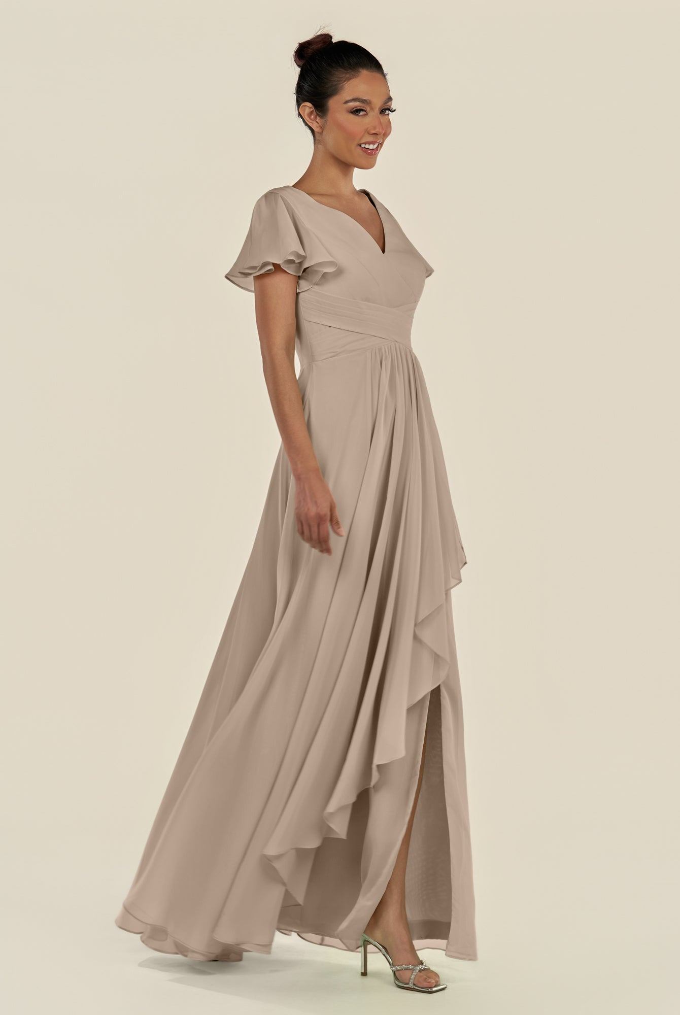KissDress-Corin Almond A Line Chiffon V Neck Long Bridesmaid Dress with Flutter Sleeves