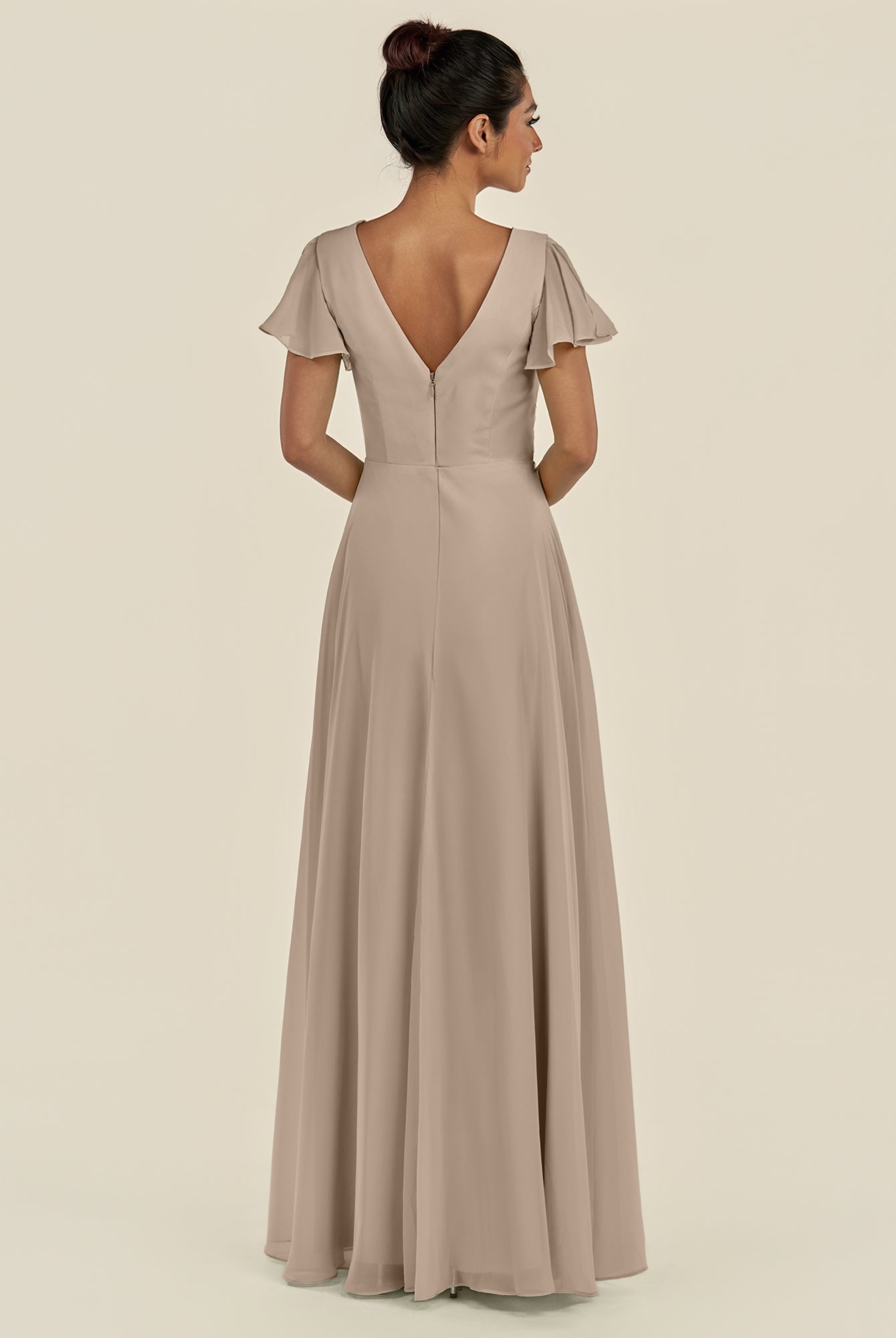 KissDress-Corin Almond A Line Chiffon V Neck Long Bridesmaid Dress with Flutter Sleeves