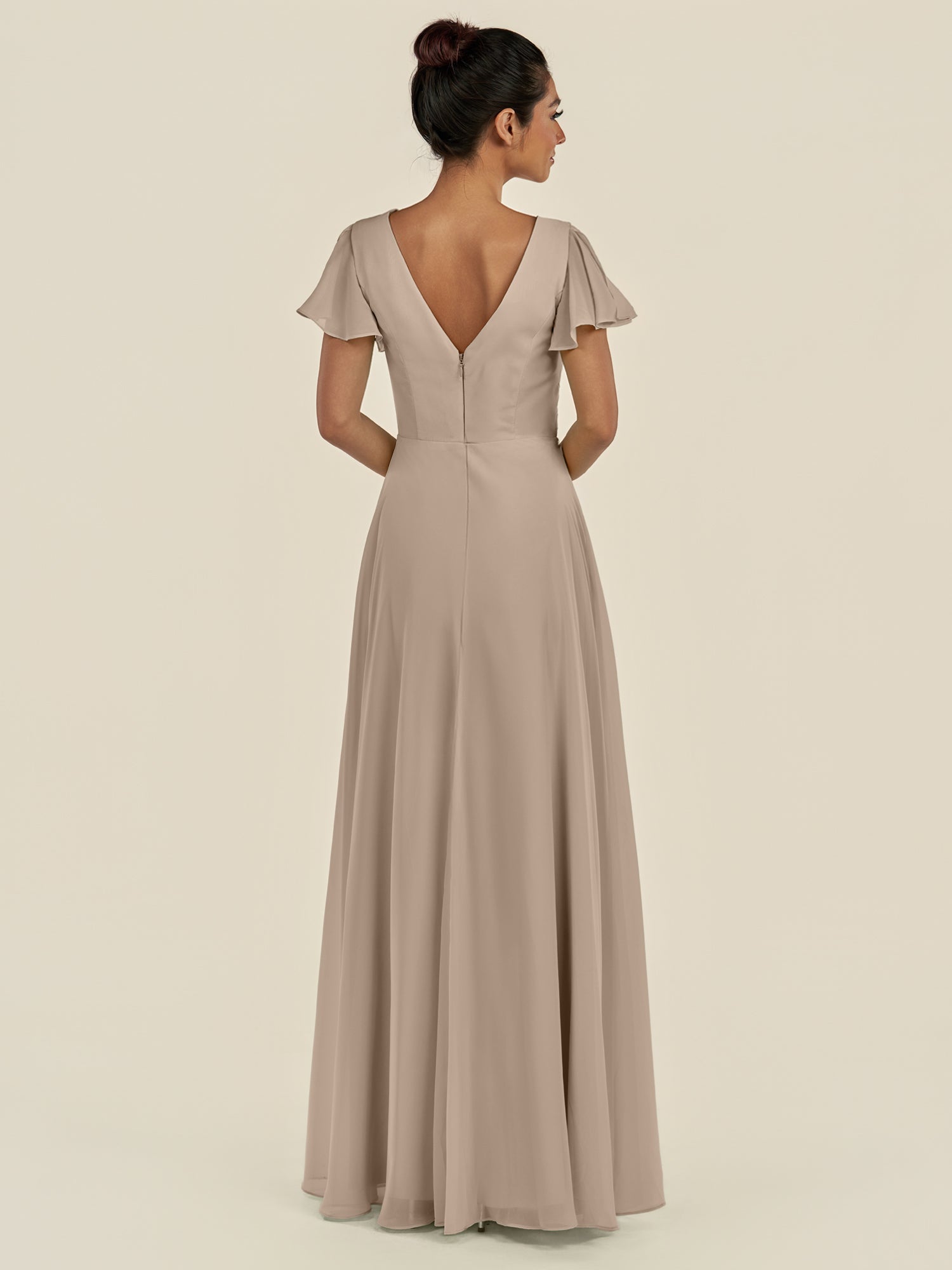 KissDress-Corin Almond A Line Chiffon V Neck Long Bridesmaid Dress with Flutter Sleeves
