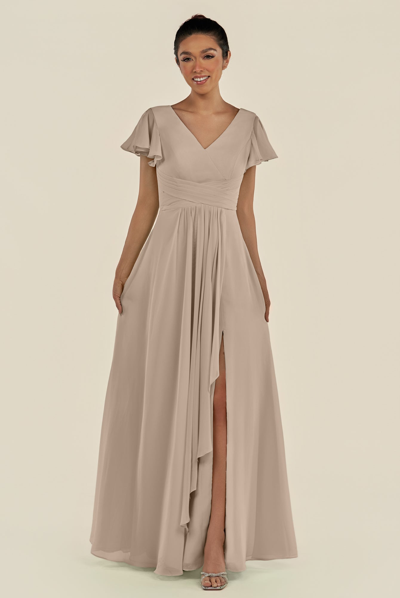 KissDress-Corin Almond A Line Chiffon V Neck Long Bridesmaid Dress with Flutter Sleeves