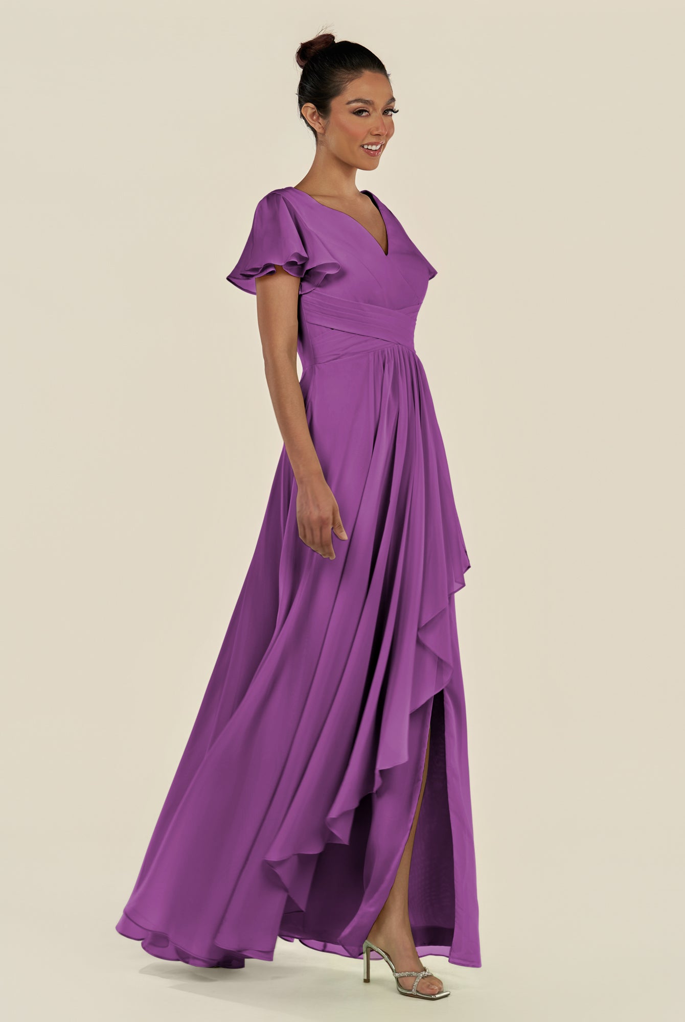 KissDress-Corin Amethyst A Line Chiffon V Neck Long Bridesmaid Dress with Flutter Sleeves