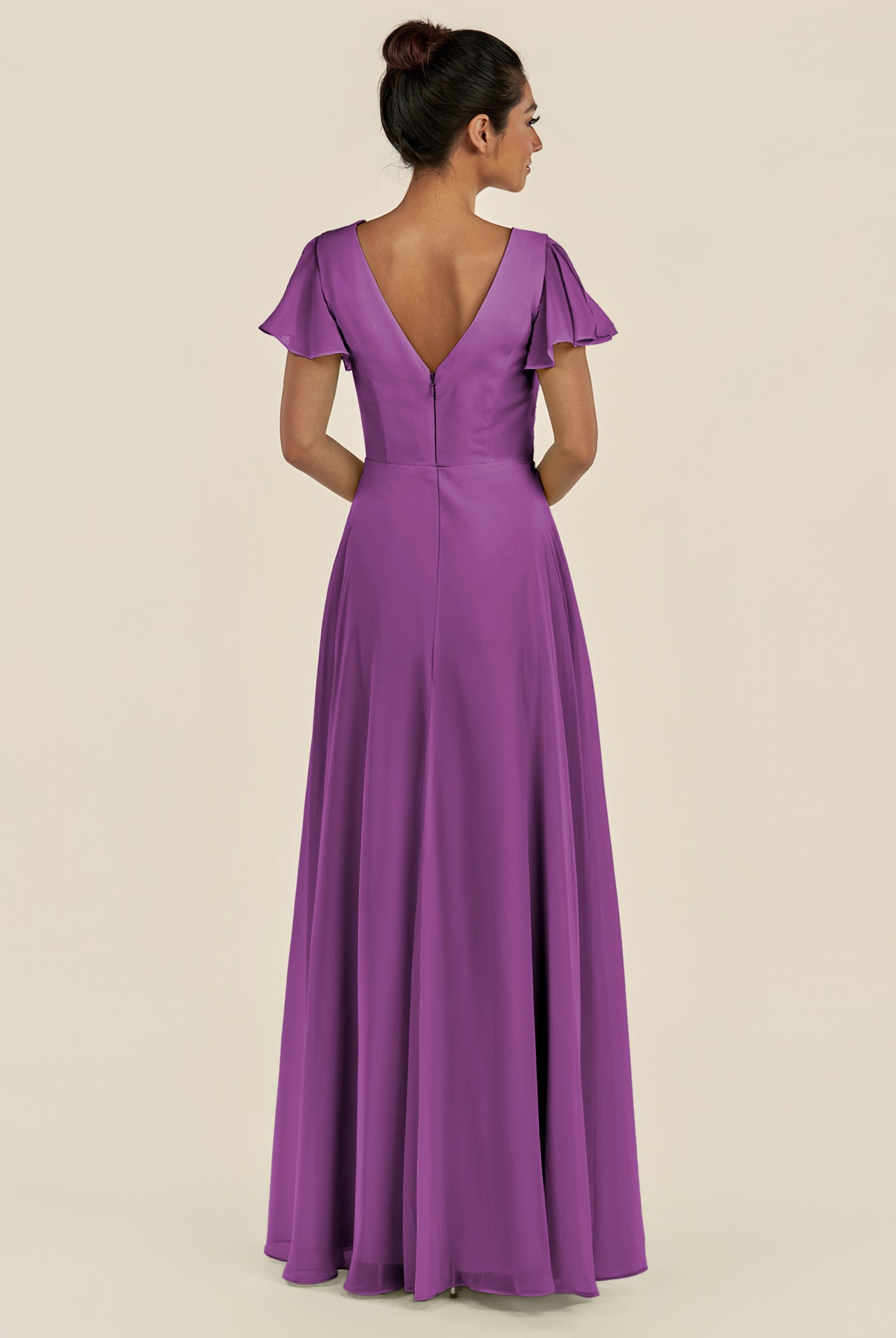 KissDress-Corin Amethyst A Line Chiffon V Neck Long Bridesmaid Dress with Flutter Sleeves