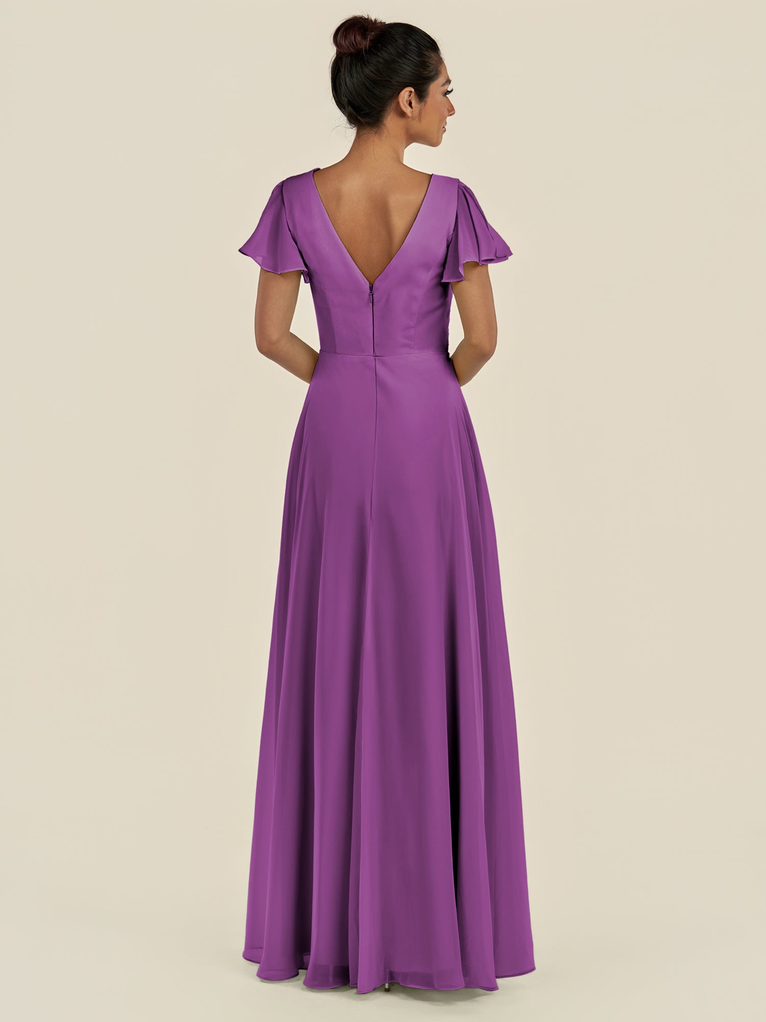 KissDress-Corin Amethyst A Line Chiffon V Neck Long Bridesmaid Dress with Flutter Sleeves
