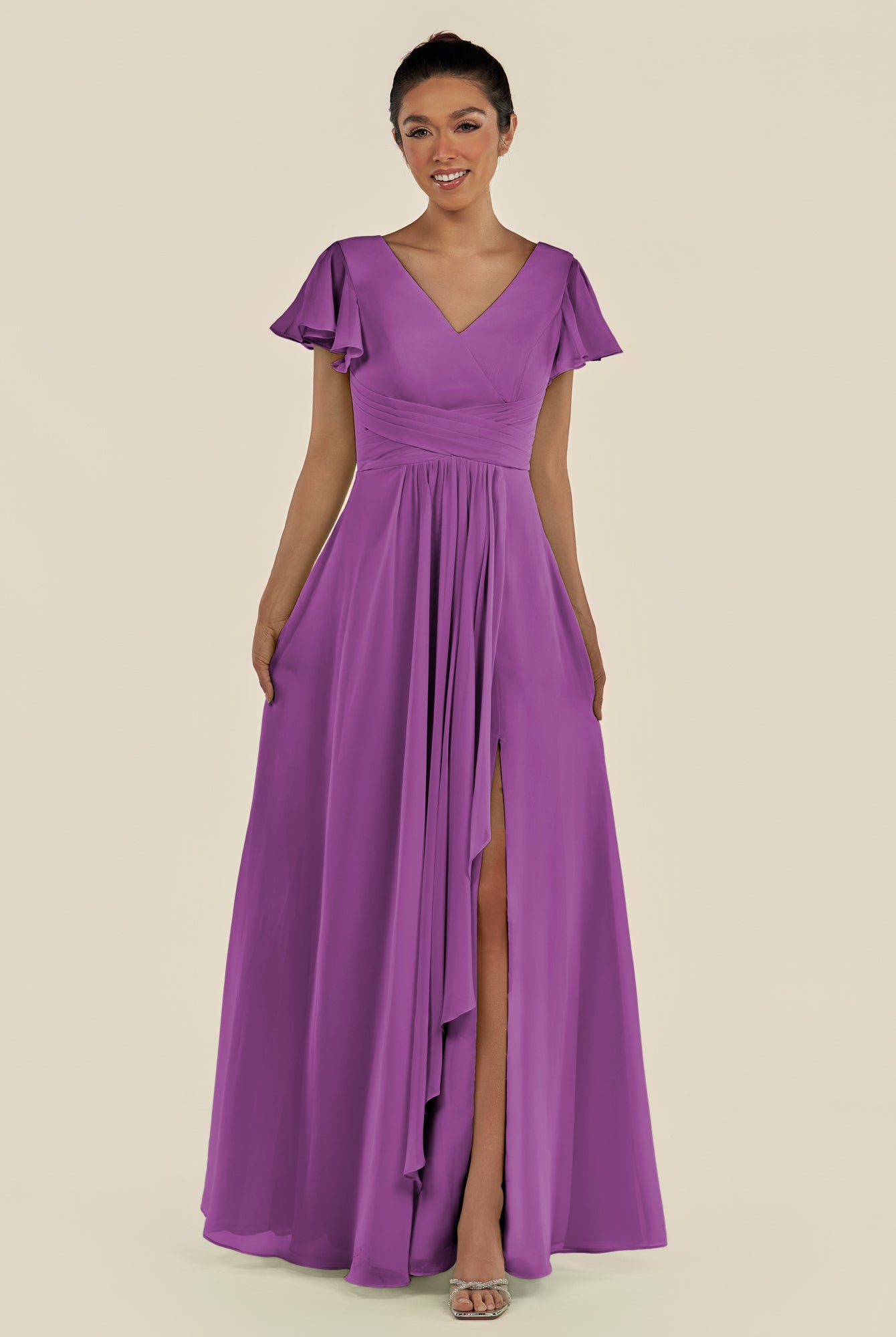KissDress-Corin Amethyst A Line Chiffon V Neck Long Bridesmaid Dress with Flutter Sleeves