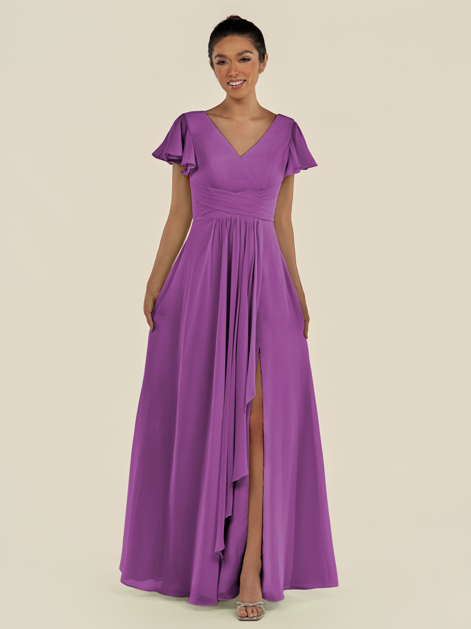 KissDress-Corin Amethyst A Line Chiffon V Neck Long Bridesmaid Dress with Flutter Sleeves