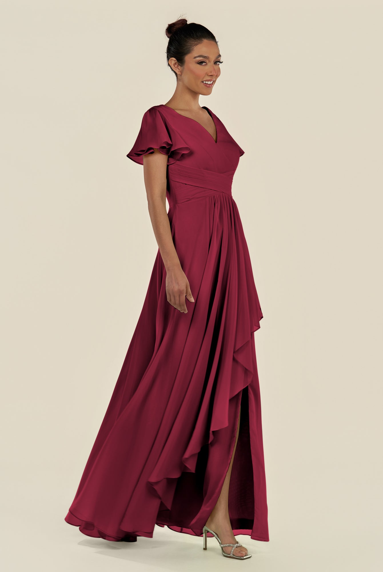 KissDress-Corin Berry A Line Chiffon V Neck Long Bridesmaid Dress with Flutter Sleeves