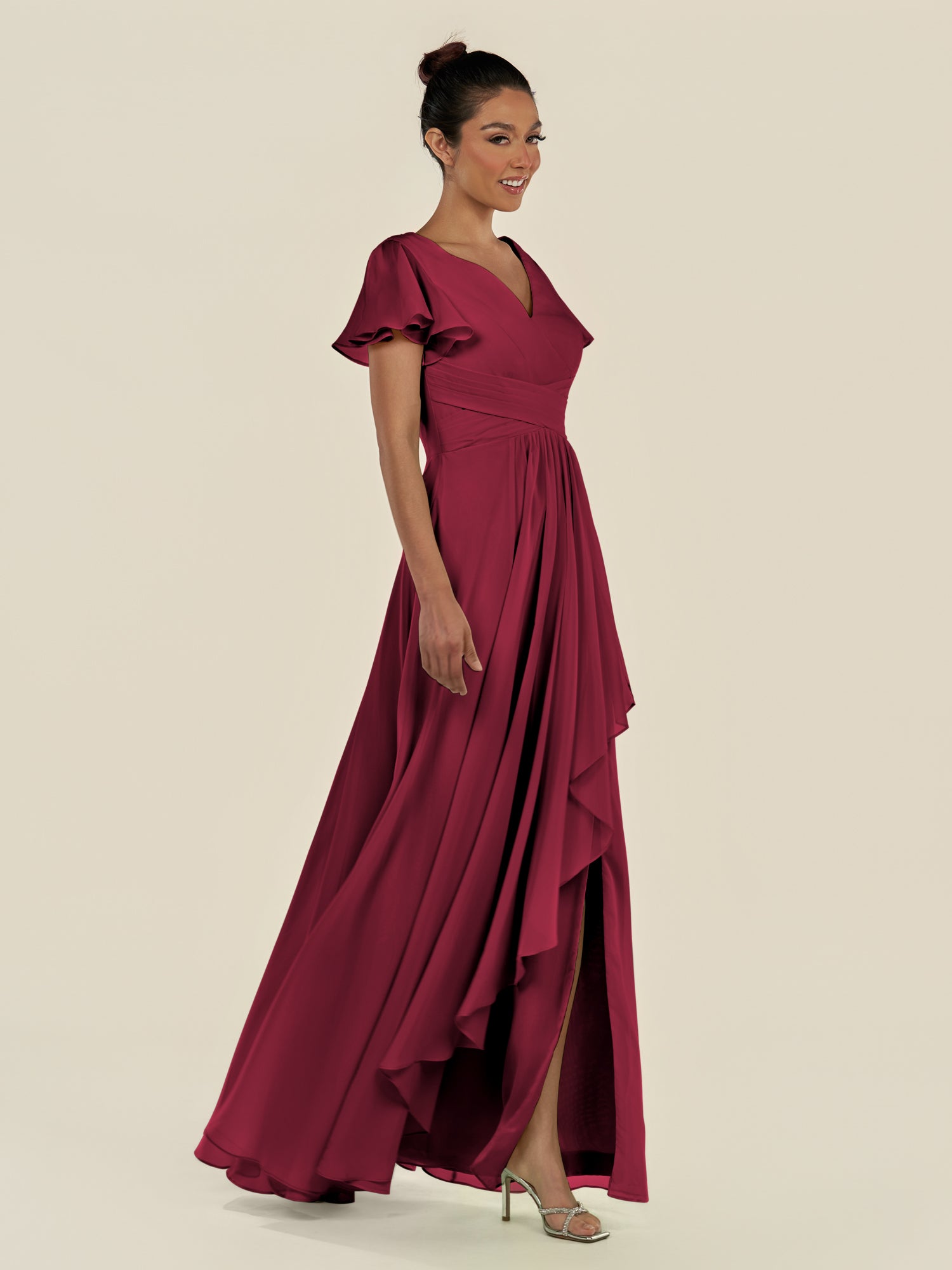 KissDress-Corin Berry A Line Chiffon V Neck Long Bridesmaid Dress with Flutter Sleeves