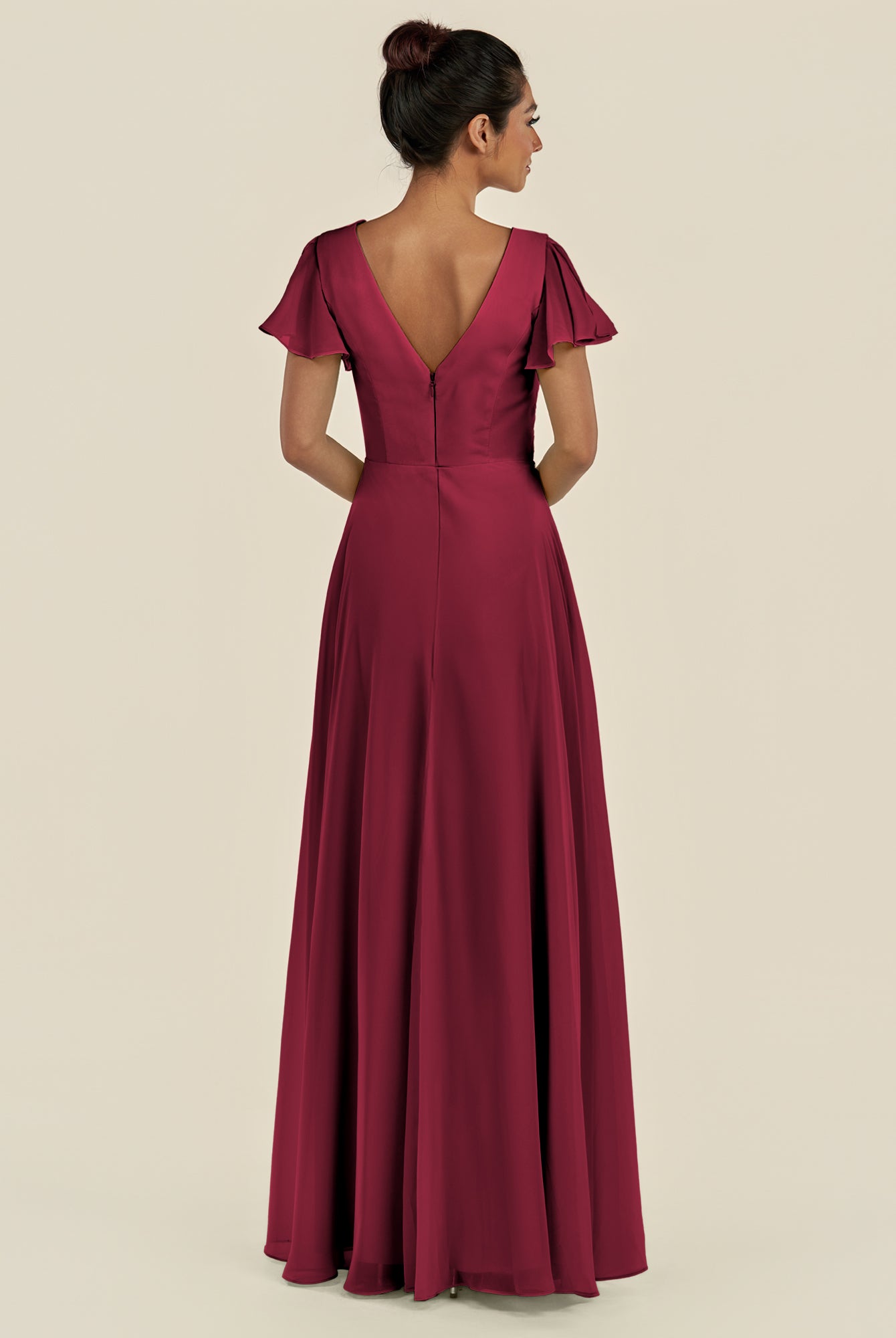 KissDress-Corin Berry A Line Chiffon V Neck Long Bridesmaid Dress with Flutter Sleeves
