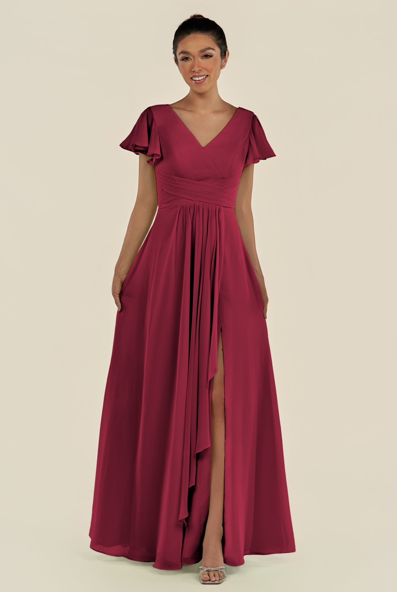 KissDress-Corin Berry A Line Chiffon V Neck Long Bridesmaid Dress with Flutter Sleeves