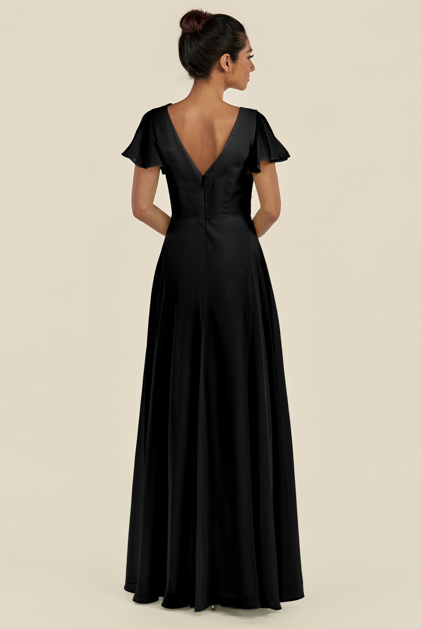 KissDress-Corin Black A Line Chiffon V Neck Long Bridesmaid Dress with Flutter Sleeves