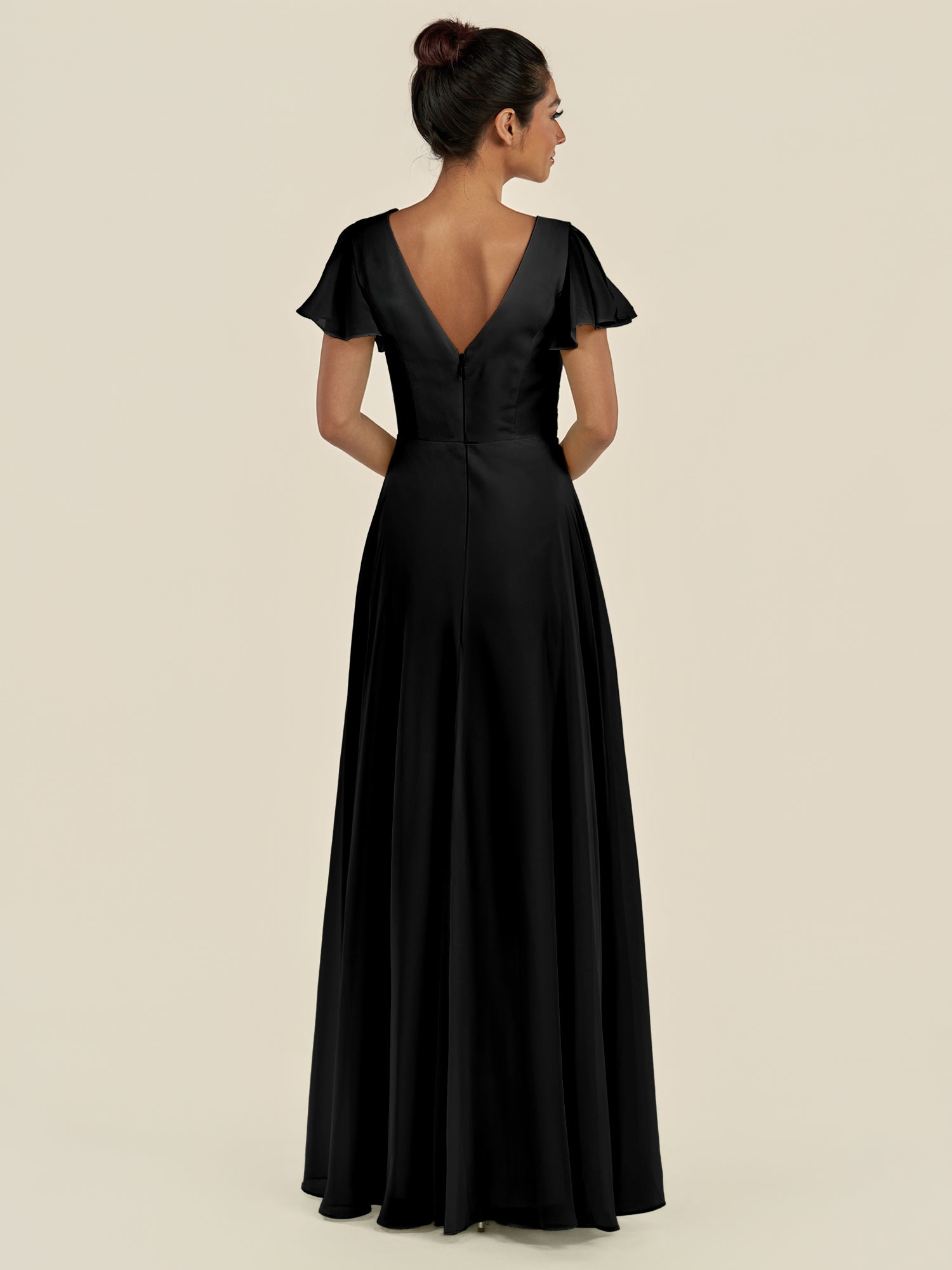 KissDress-Corin Black A Line Chiffon V Neck Long Bridesmaid Dress with Flutter Sleeves