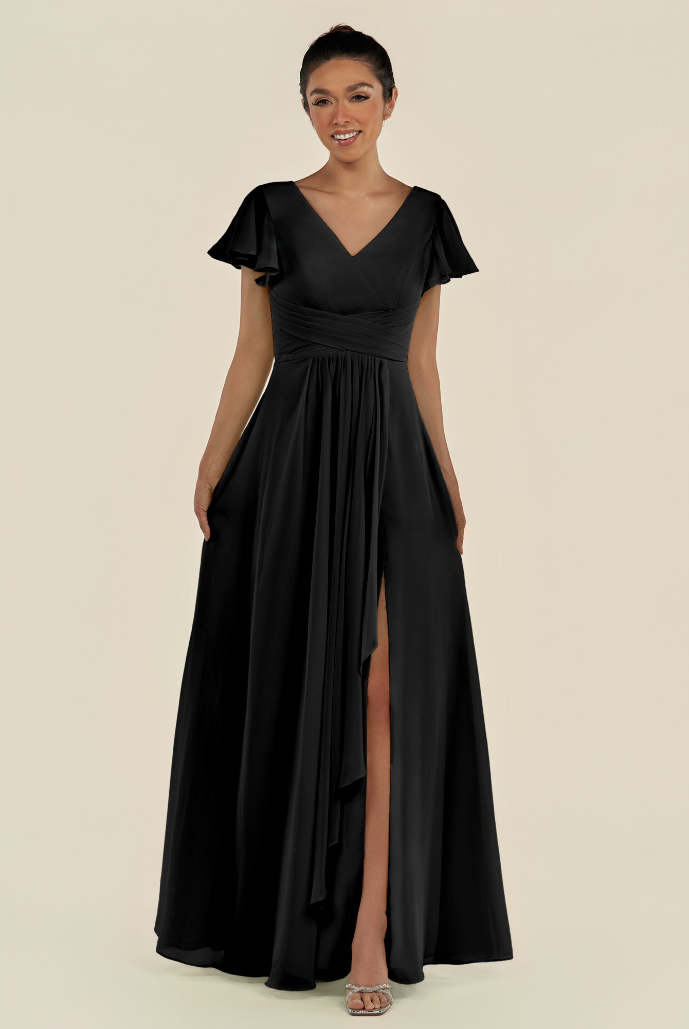 KissDress-Corin Black A Line Chiffon V Neck Long Bridesmaid Dress with Flutter Sleeves