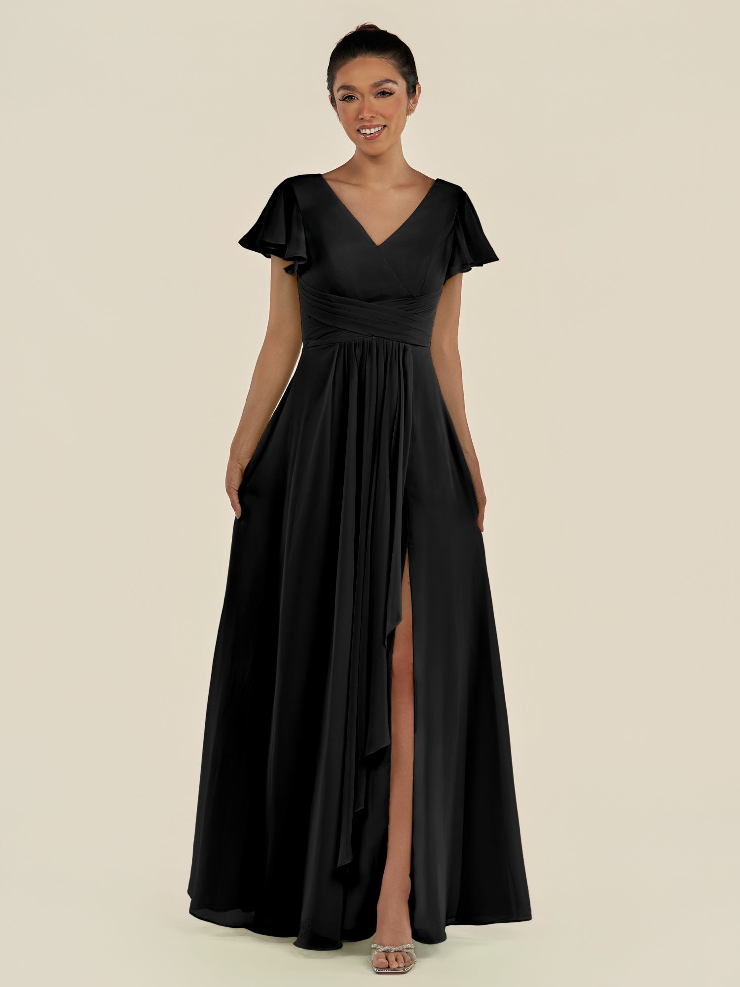 KissDress-Corin Black A Line Chiffon V Neck Long Bridesmaid Dress with Flutter Sleeves