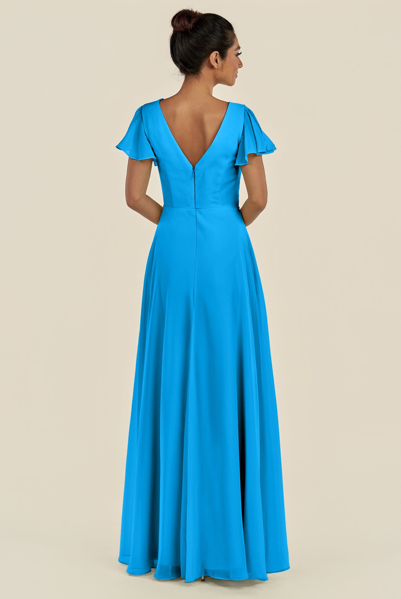KissDress-Corin Blue Jay A Line Chiffon V Neck Long Bridesmaid Dress with Flutter Sleeves