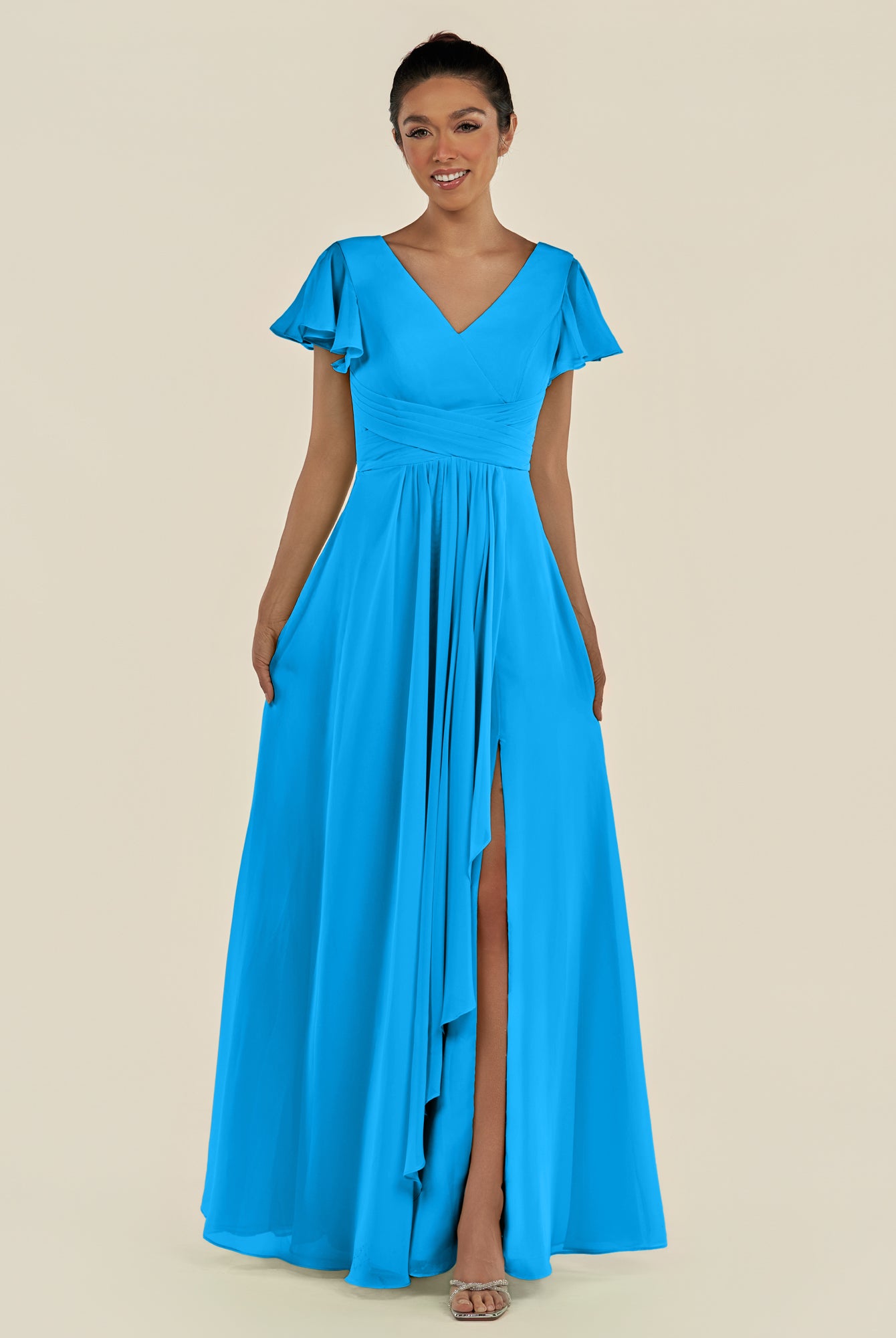 KissDress-Corin Blue Jay A Line Chiffon V Neck Long Bridesmaid Dress with Flutter Sleeves