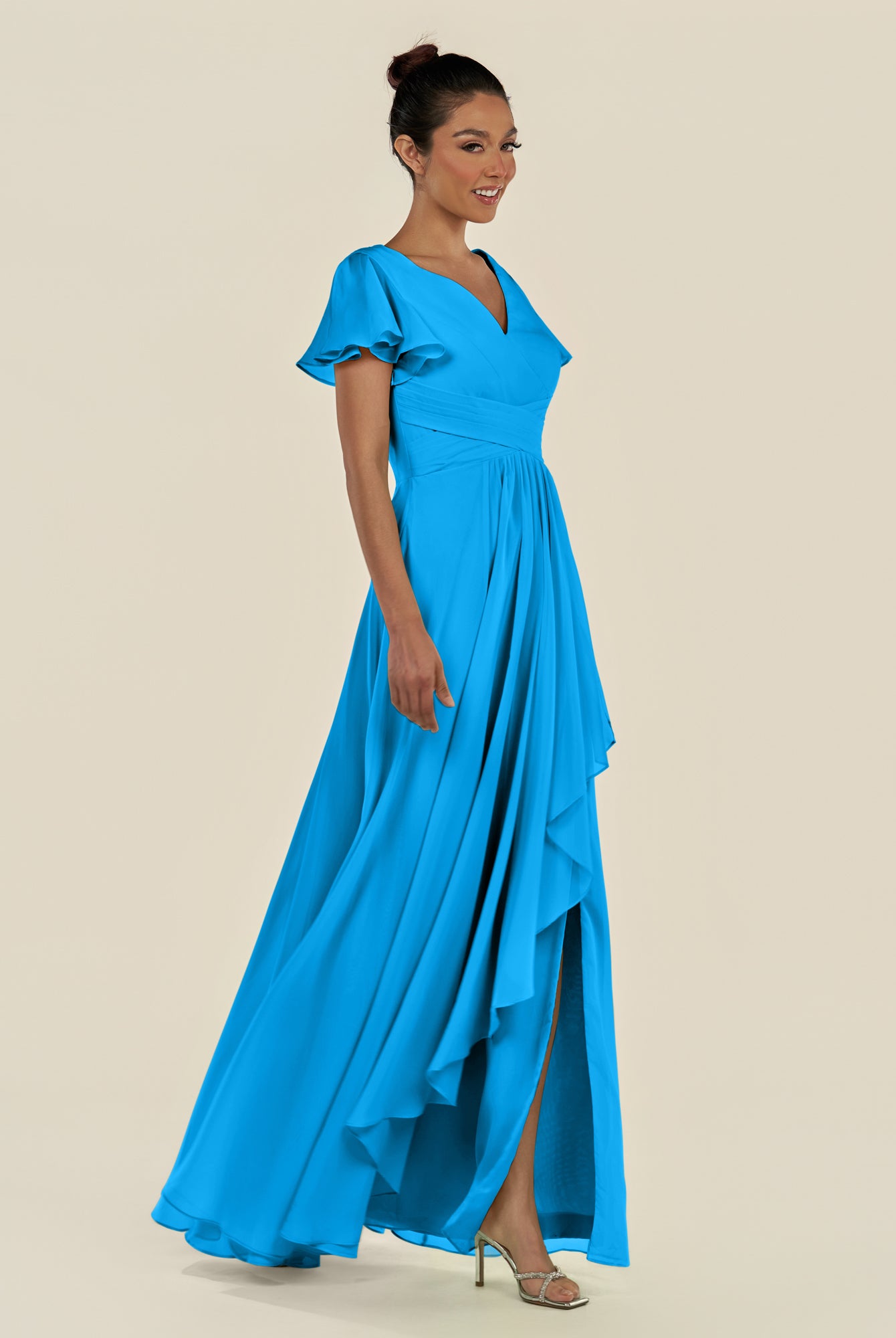 KissDress-Corin Blue Jay A Line Chiffon V Neck Long Bridesmaid Dress with Flutter Sleeves