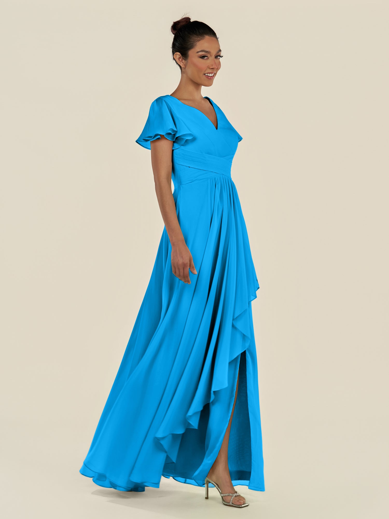 KissDress-Corin Blue Jay A Line Chiffon V Neck Long Bridesmaid Dress with Flutter Sleeves
