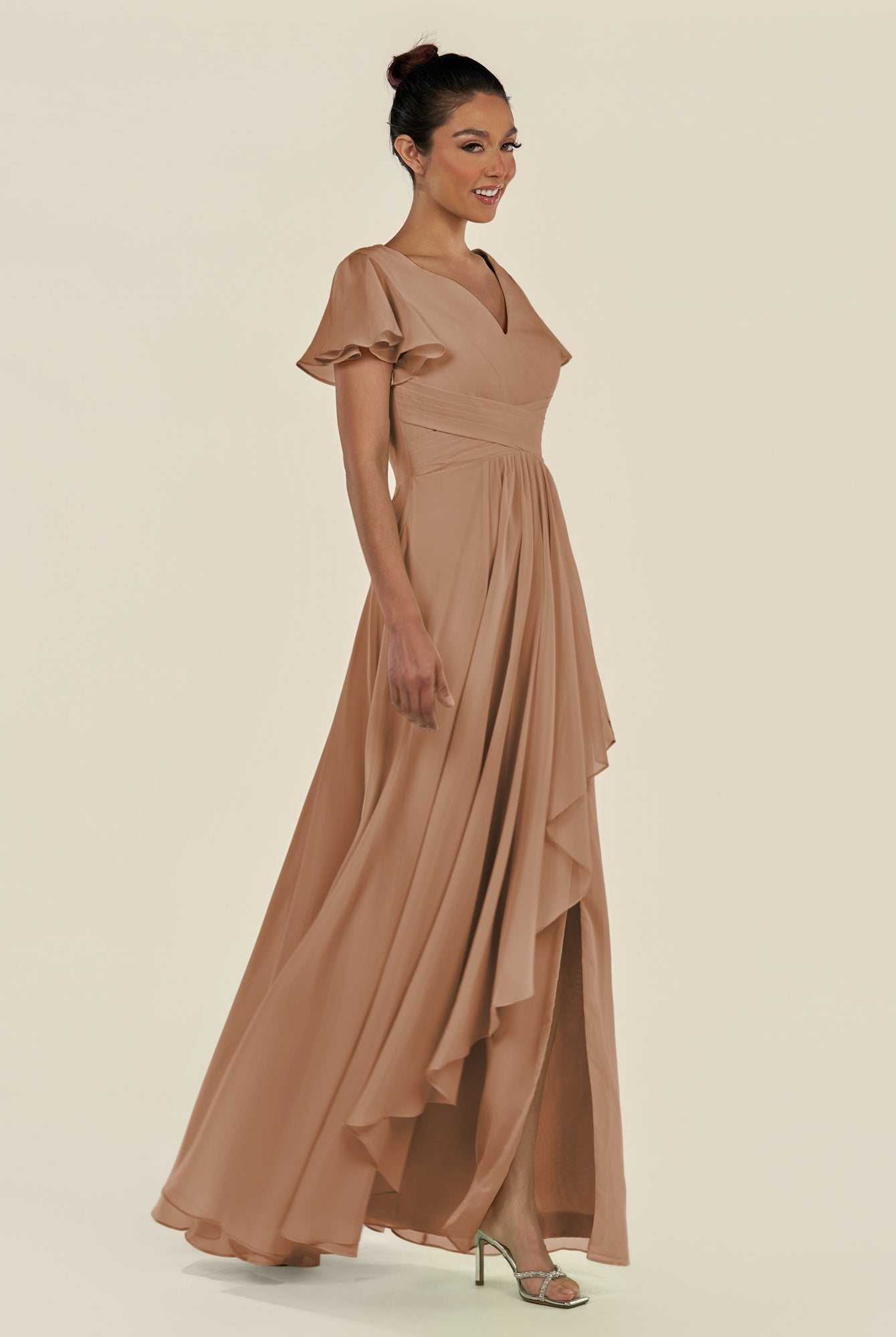 KissDress-Corin Bronzer A Line Chiffon V Neck Long Bridesmaid Dress with Flutter Sleeves