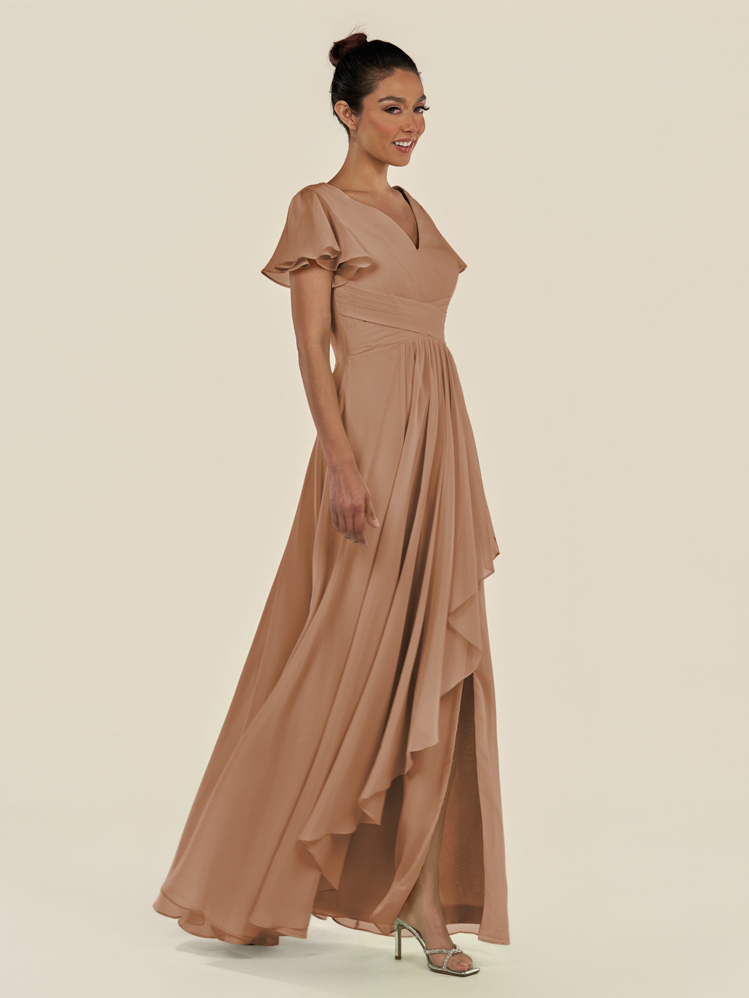 KissDress-Corin Bronzer A Line Chiffon V Neck Long Bridesmaid Dress with Flutter Sleeves