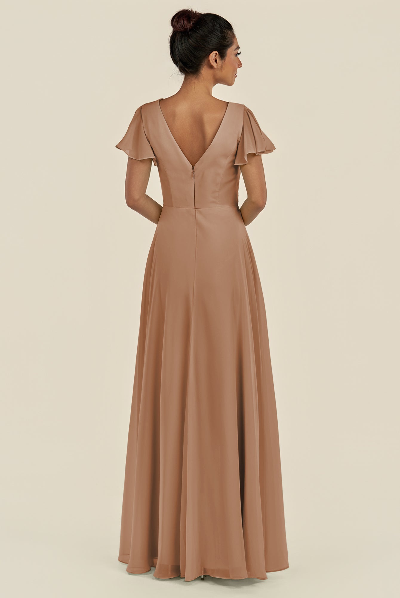 KissDress-Corin Bronzer A Line Chiffon V Neck Long Bridesmaid Dress with Flutter Sleeves