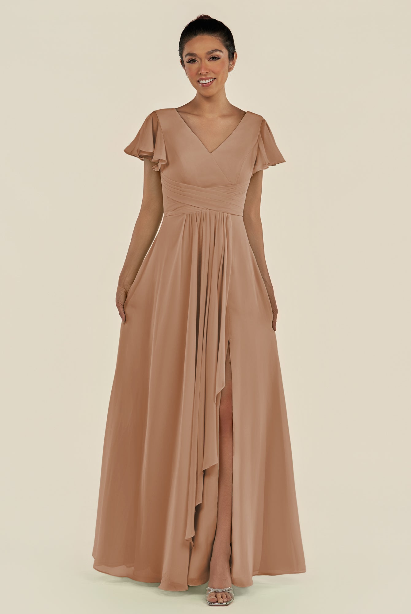 KissDress-Corin Bronzer A Line Chiffon V Neck Long Bridesmaid Dress with Flutter Sleeves