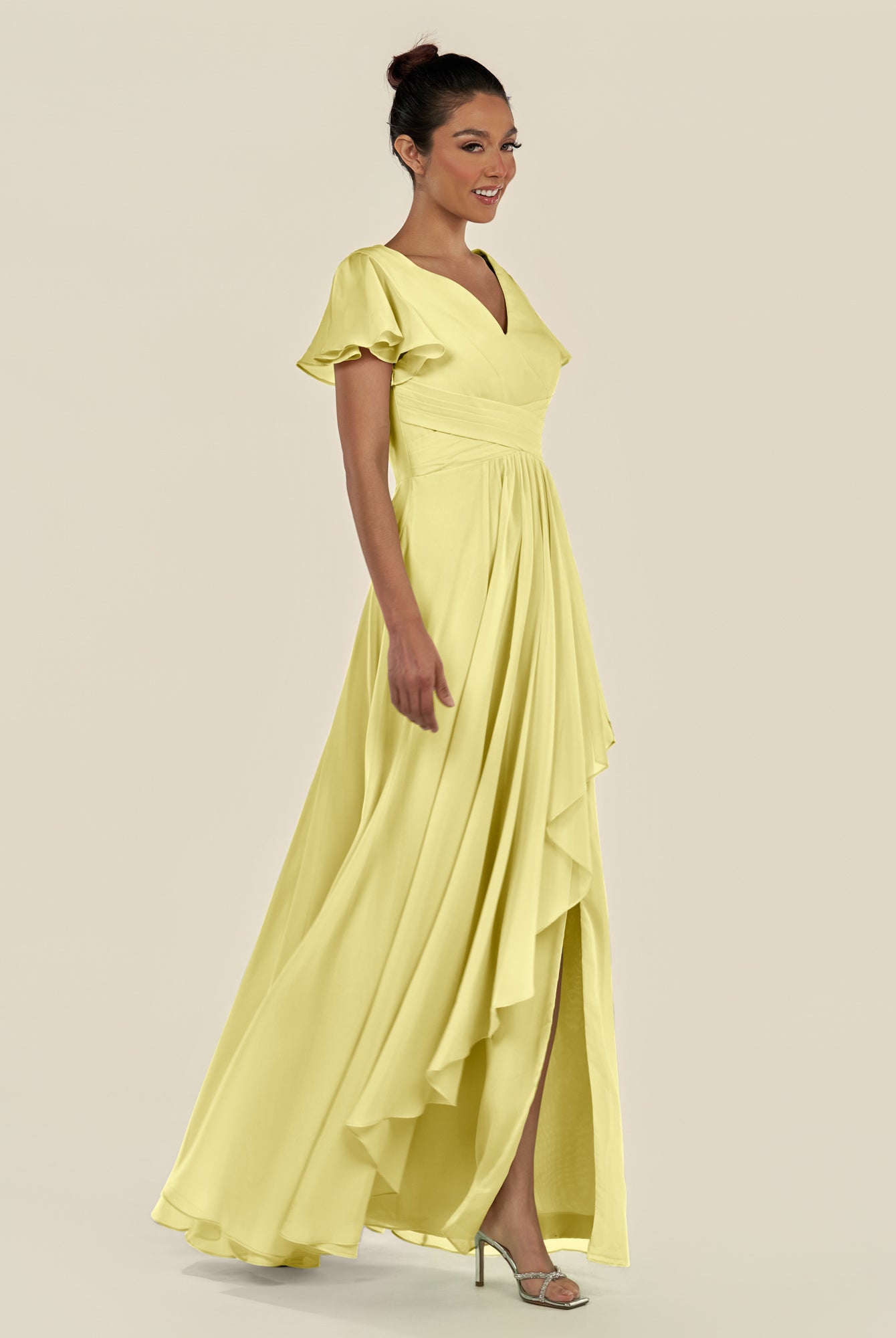 KissDress-Corin Buttercup A Line Chiffon V Neck Long Bridesmaid Dress with Flutter Sleeves