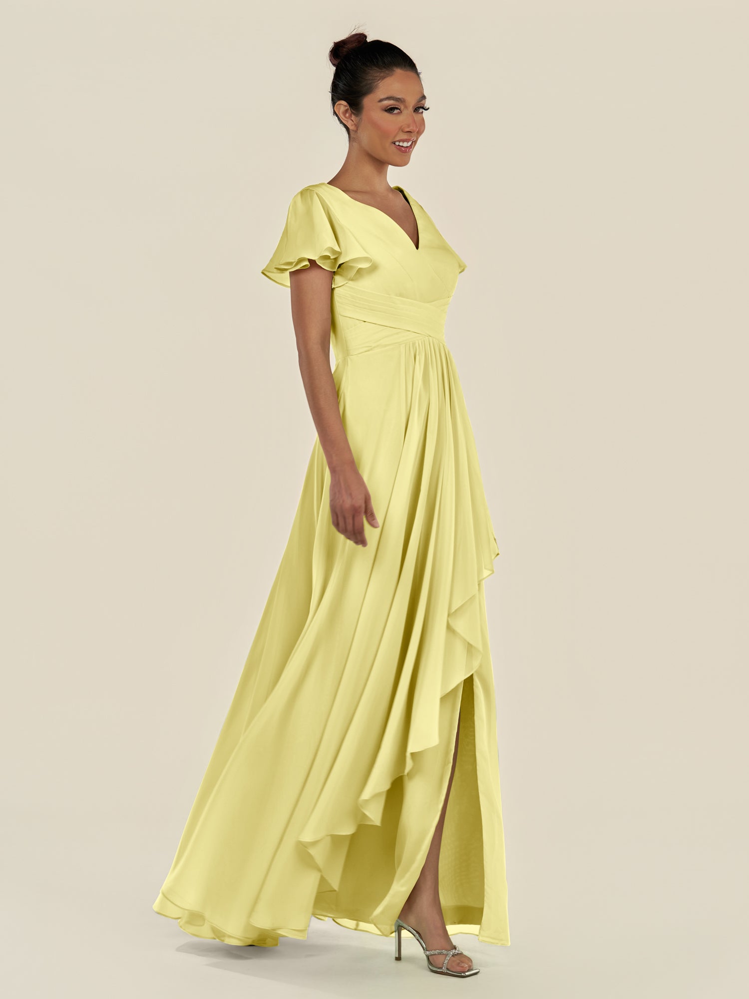 KissDress-Corin Buttercup A Line Chiffon V Neck Long Bridesmaid Dress with Flutter Sleeves
