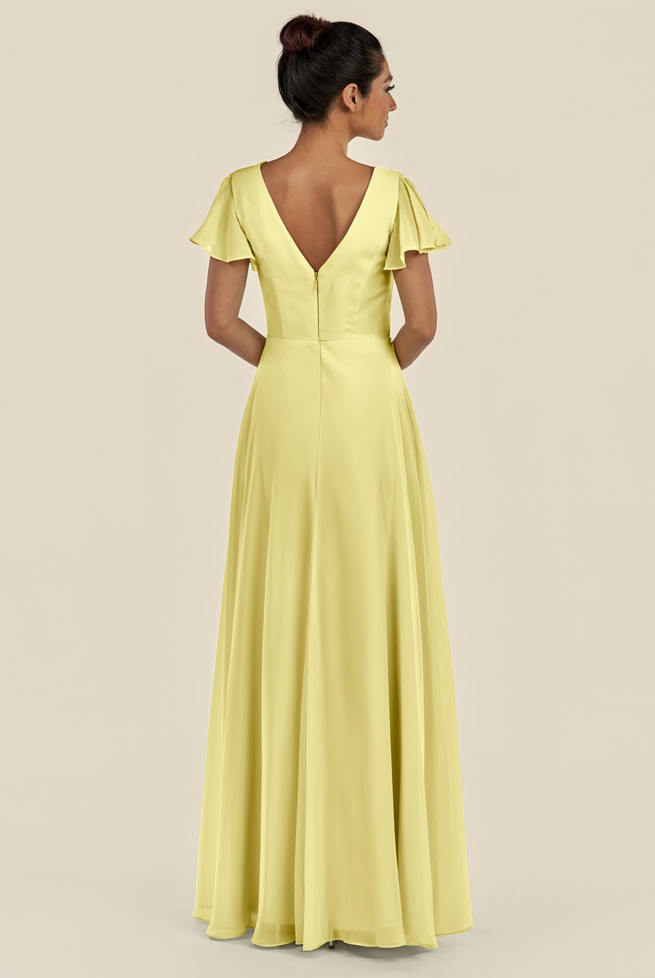 KissDress-Corin Buttercup A Line Chiffon V Neck Long Bridesmaid Dress with Flutter Sleeves