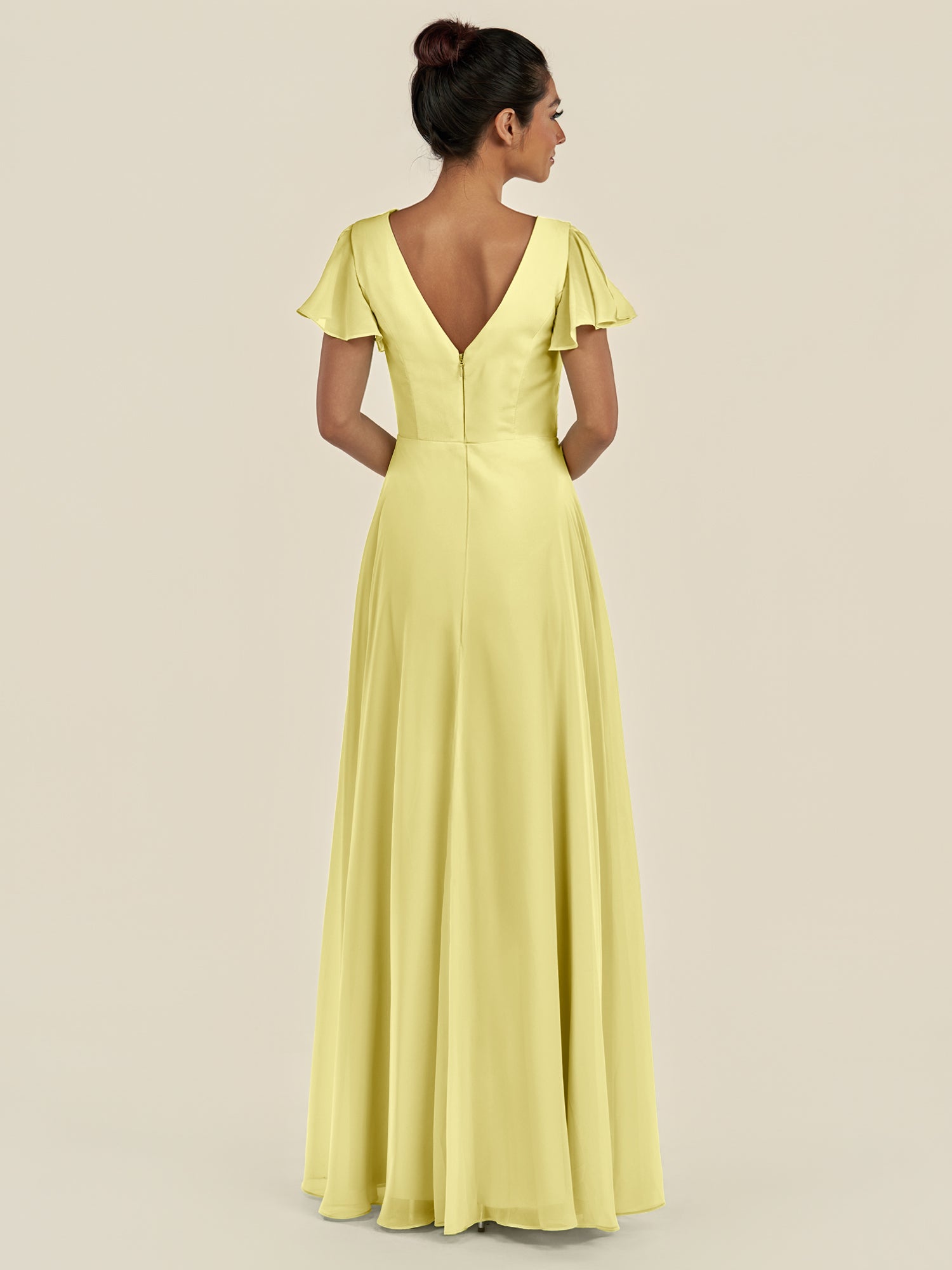 KissDress-Corin Buttercup A Line Chiffon V Neck Long Bridesmaid Dress with Flutter Sleeves