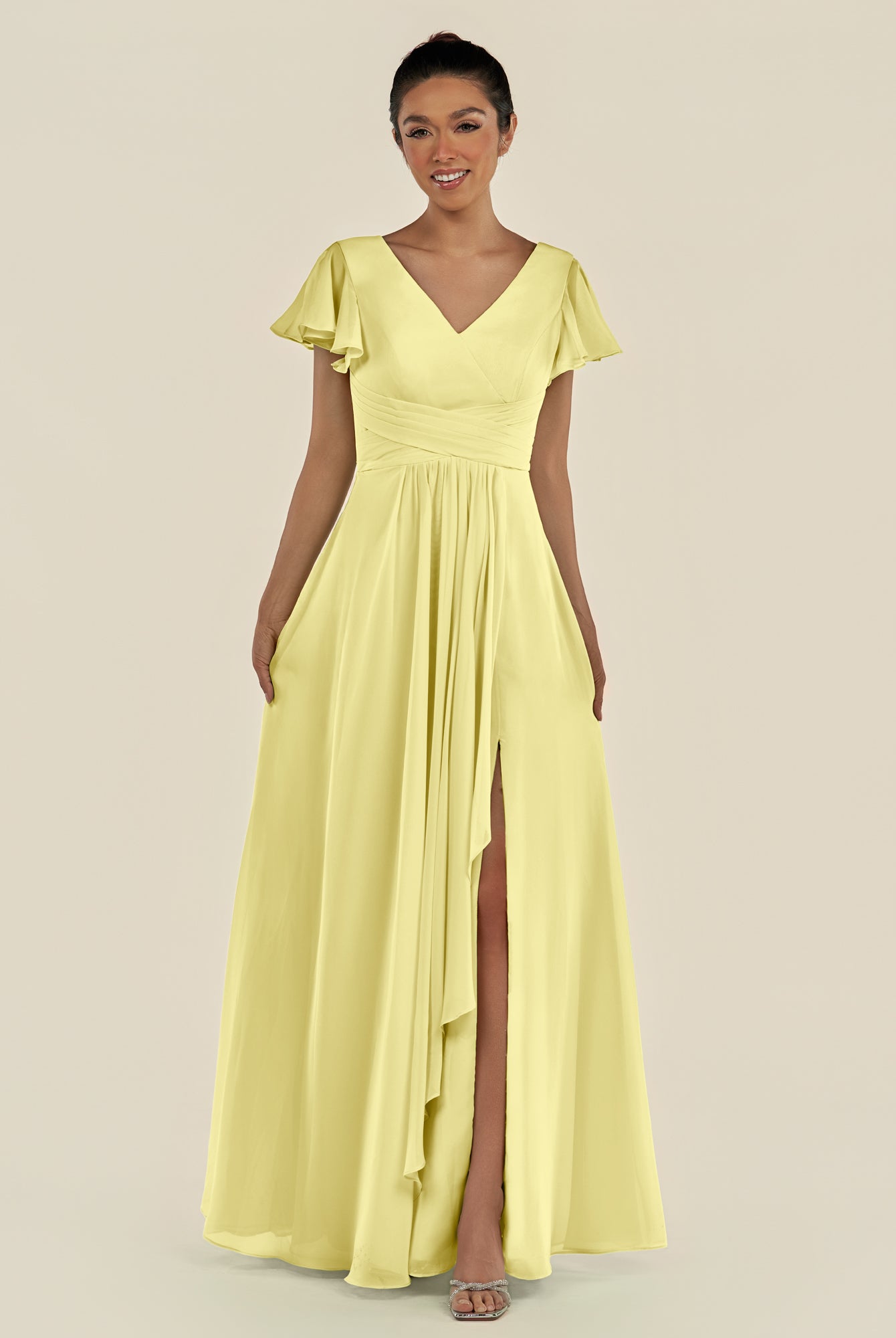 KissDress-Corin Buttercup A Line Chiffon V Neck Long Bridesmaid Dress with Flutter Sleeves
