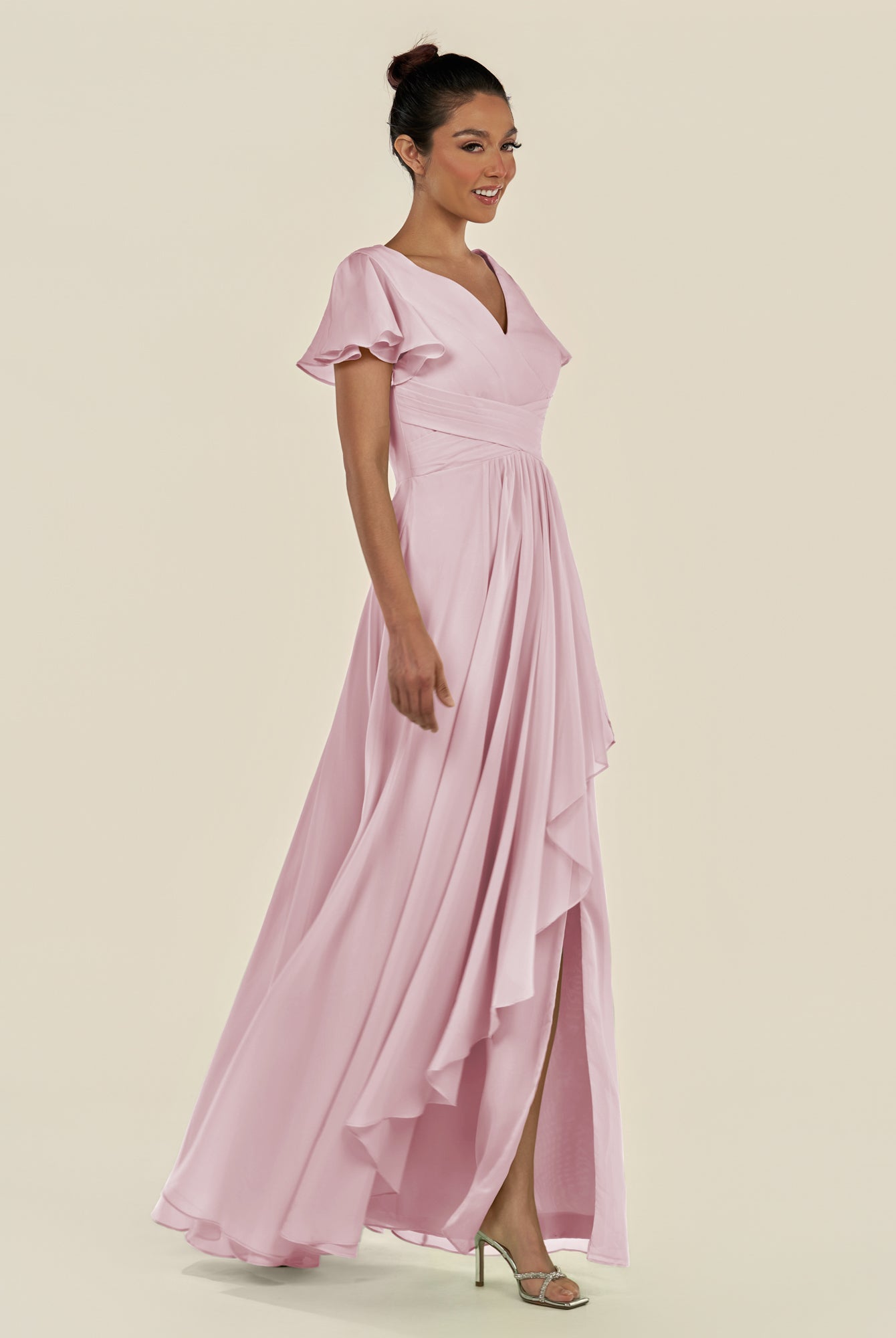 KissDress-Corin Candy Pink A Line Chiffon V Neck Long Bridesmaid Dress with Flutter Sleeves