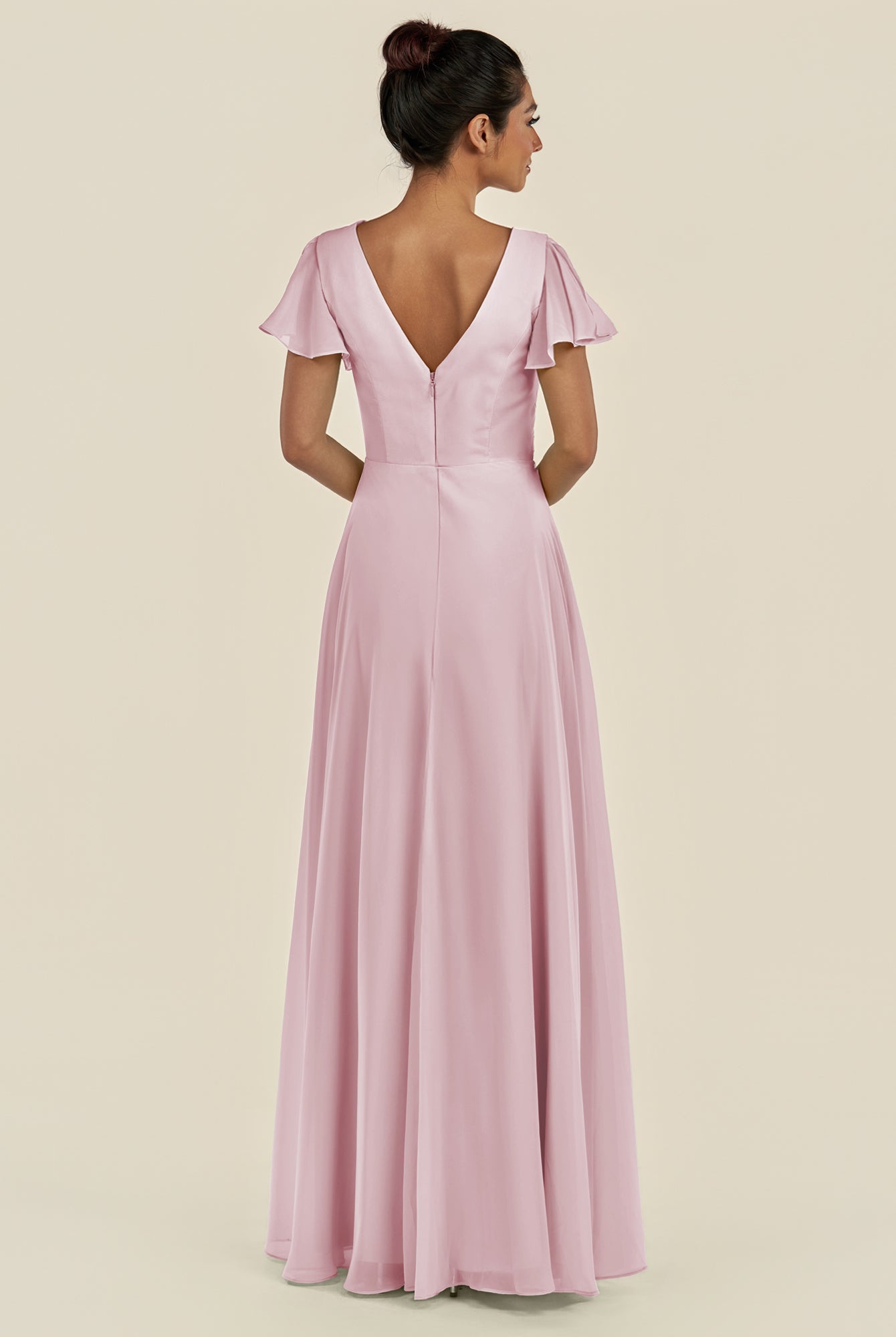 KissDress-Corin Candy Pink A Line Chiffon V Neck Long Bridesmaid Dress with Flutter Sleeves