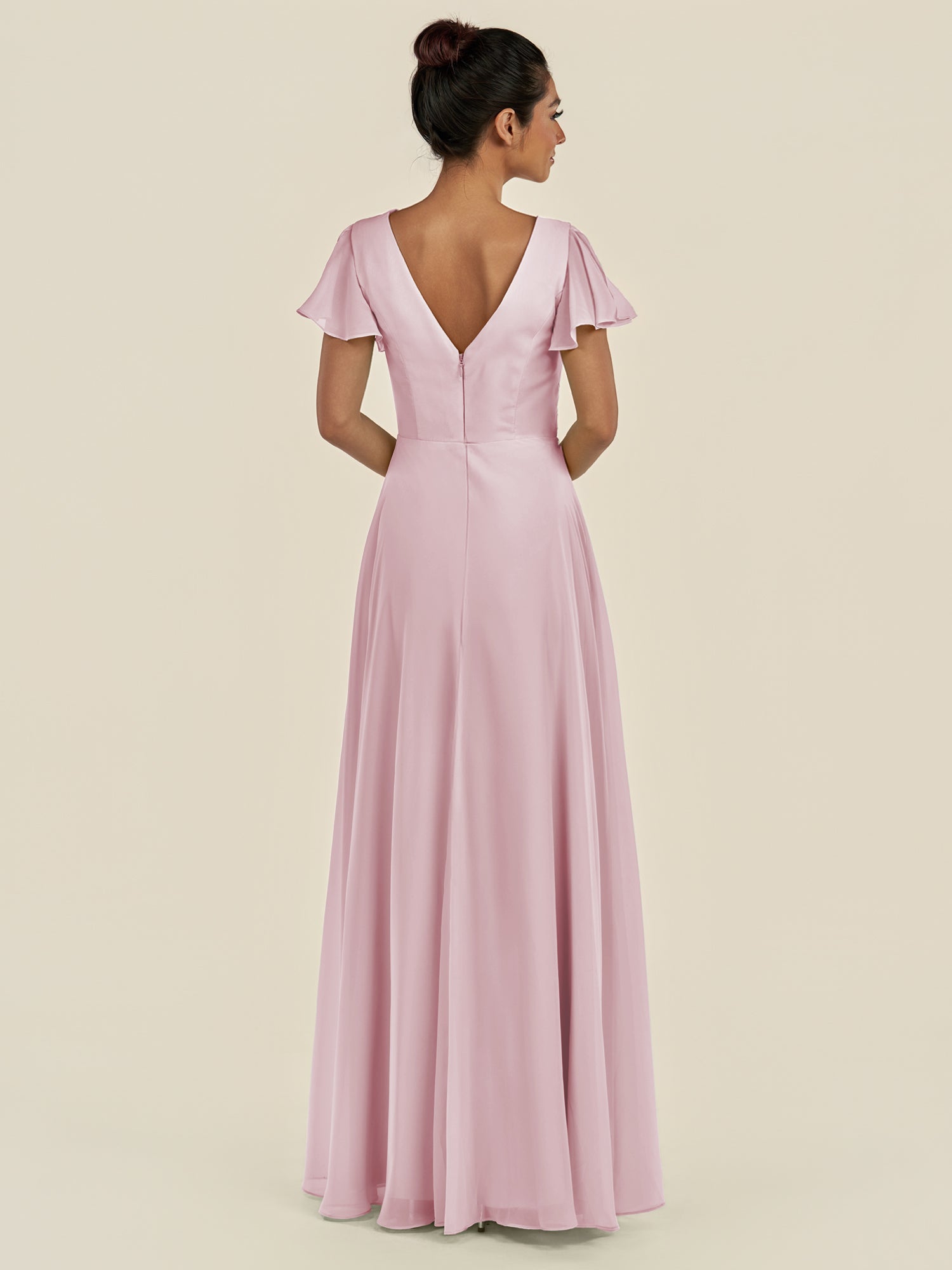 KissDress-Corin Candy Pink A Line Chiffon V Neck Long Bridesmaid Dress with Flutter Sleeves
