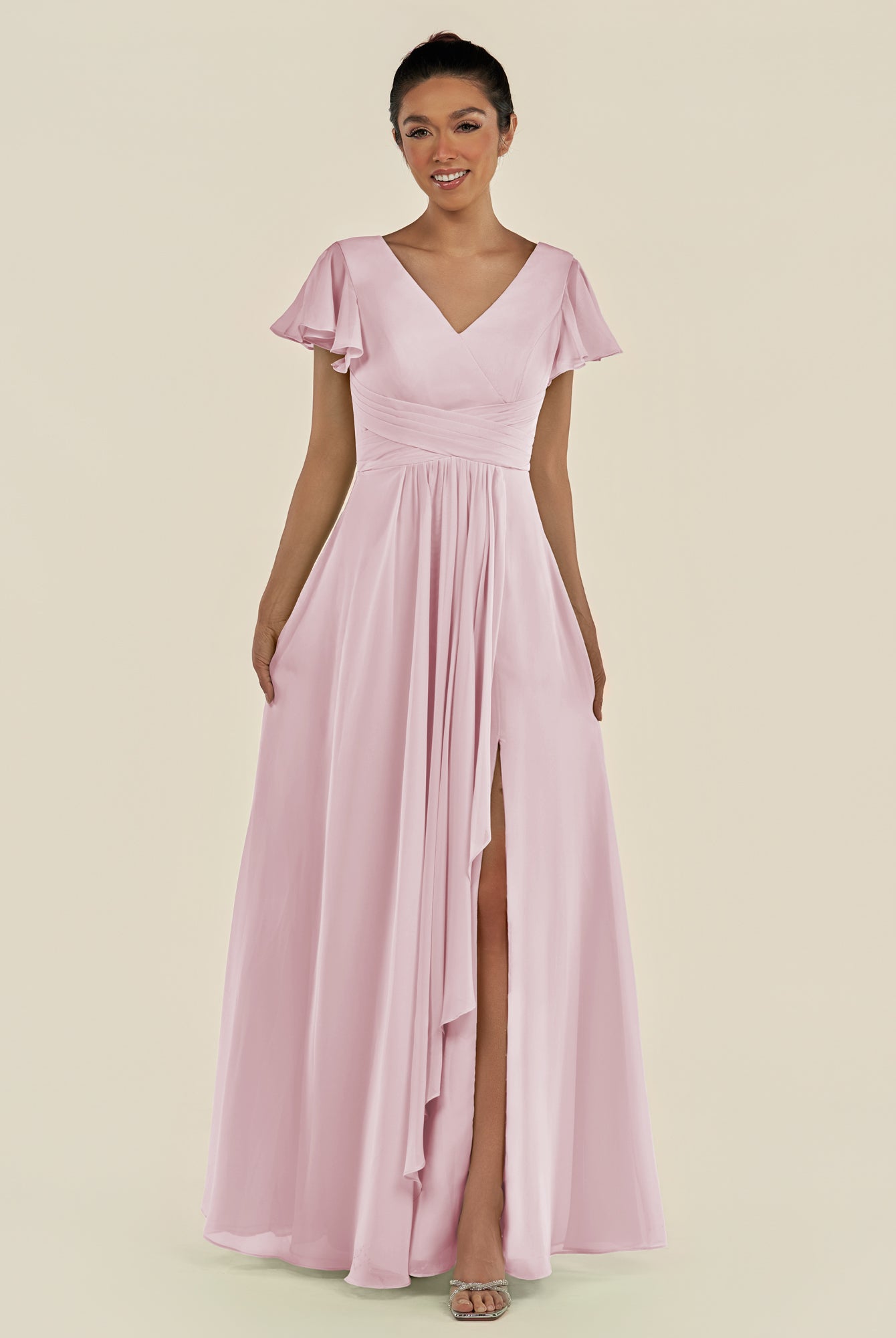 KissDress-Corin Candy Pink A Line Chiffon V Neck Long Bridesmaid Dress with Flutter Sleeves