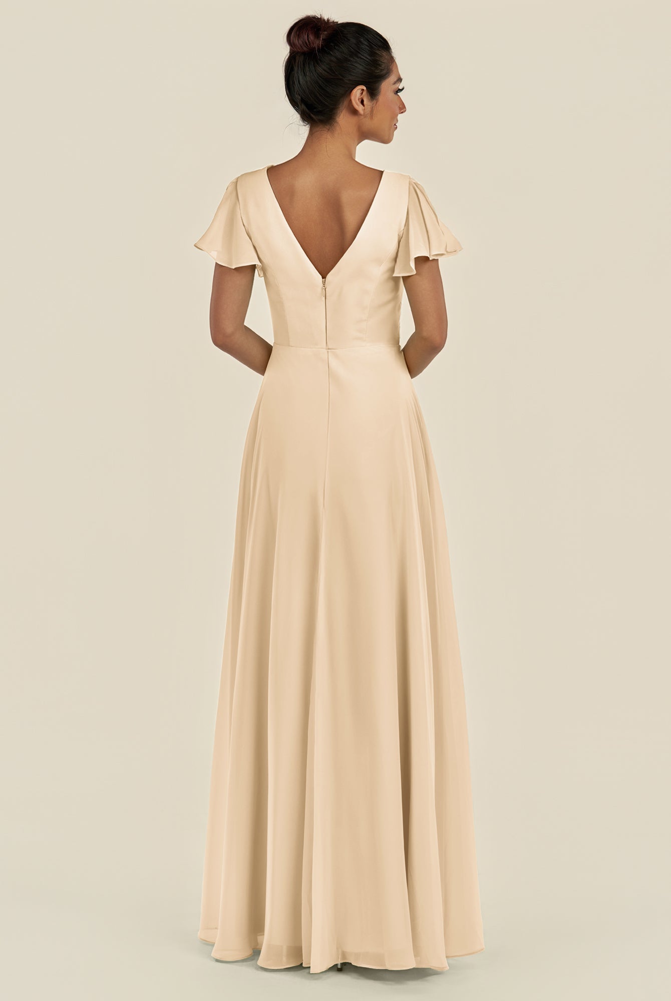 KissDress-Corin Champagne A Line Chiffon V Neck Long Bridesmaid Dress with Flutter Sleeves