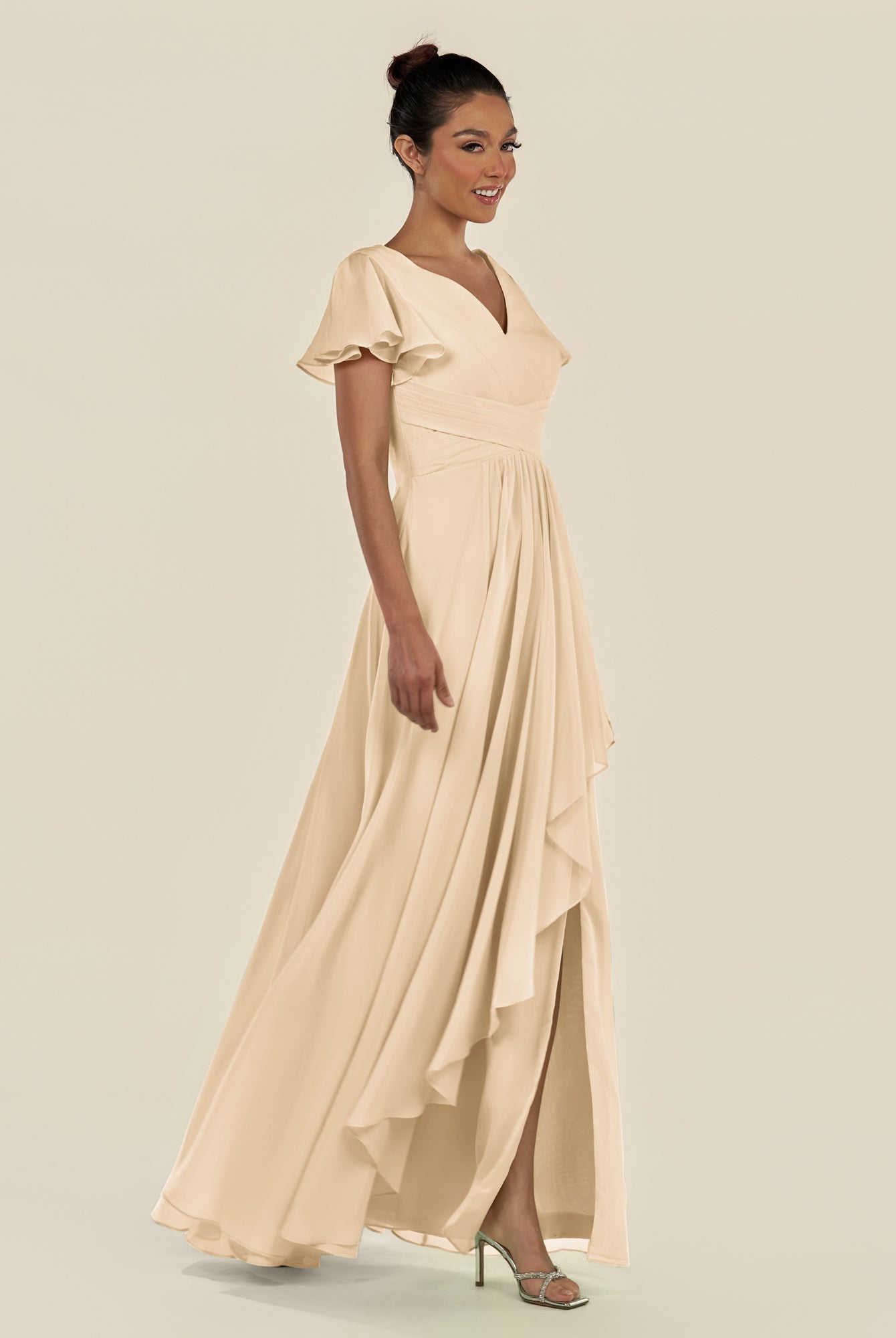 KissDress-Corin Champagne A Line Chiffon V Neck Long Bridesmaid Dress with Flutter Sleeves