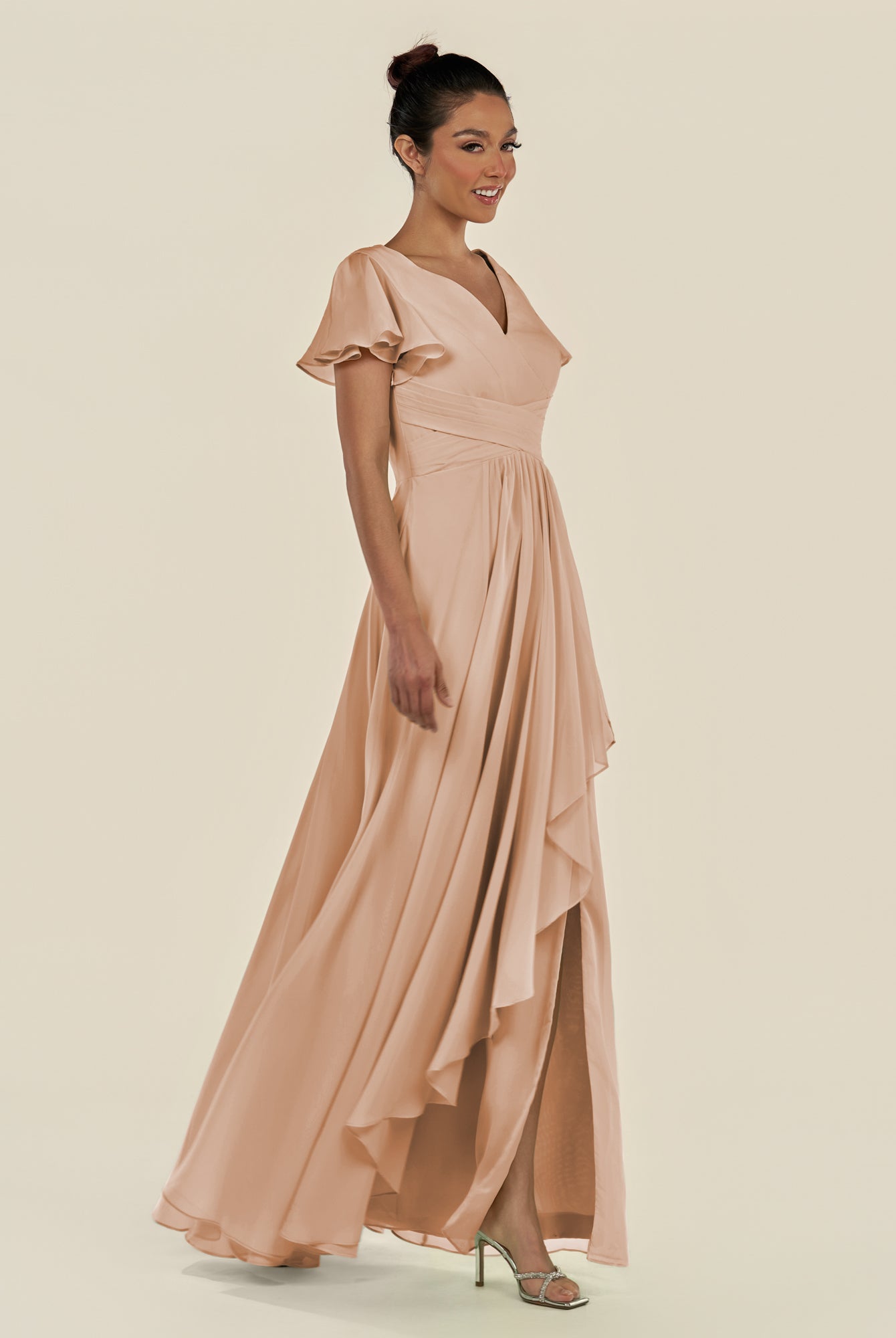 KissDress-Corin Champagne Rose A Line Chiffon V Neck Long Bridesmaid Dress with Flutter Sleeves