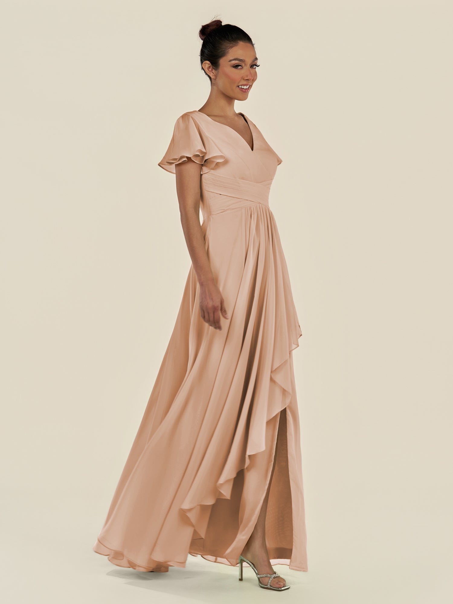 KissDress-Corin Champagne Rose A Line Chiffon V Neck Long Bridesmaid Dress with Flutter Sleeves