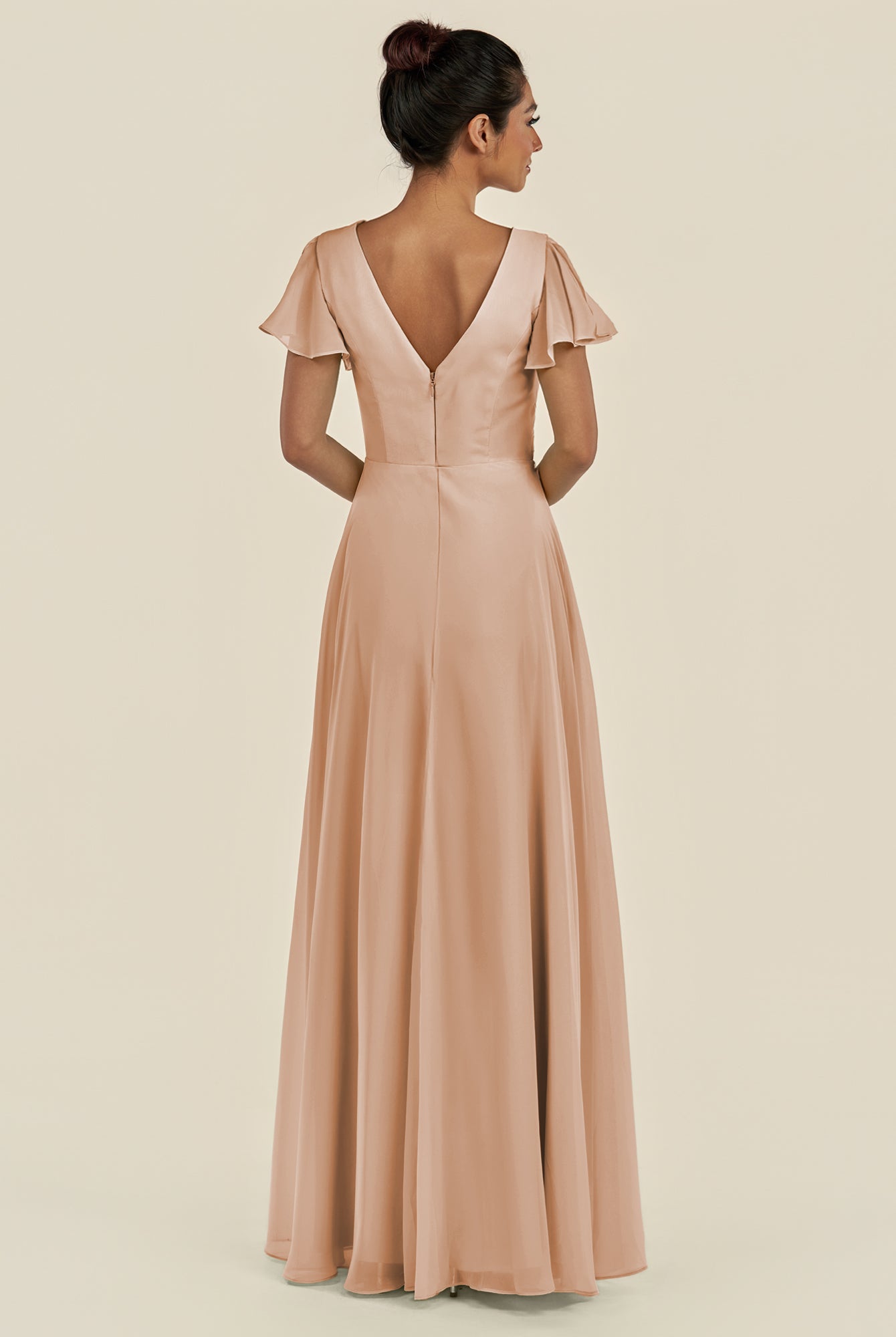 KissDress-Corin Champagne Rose A Line Chiffon V Neck Long Bridesmaid Dress with Flutter Sleeves
