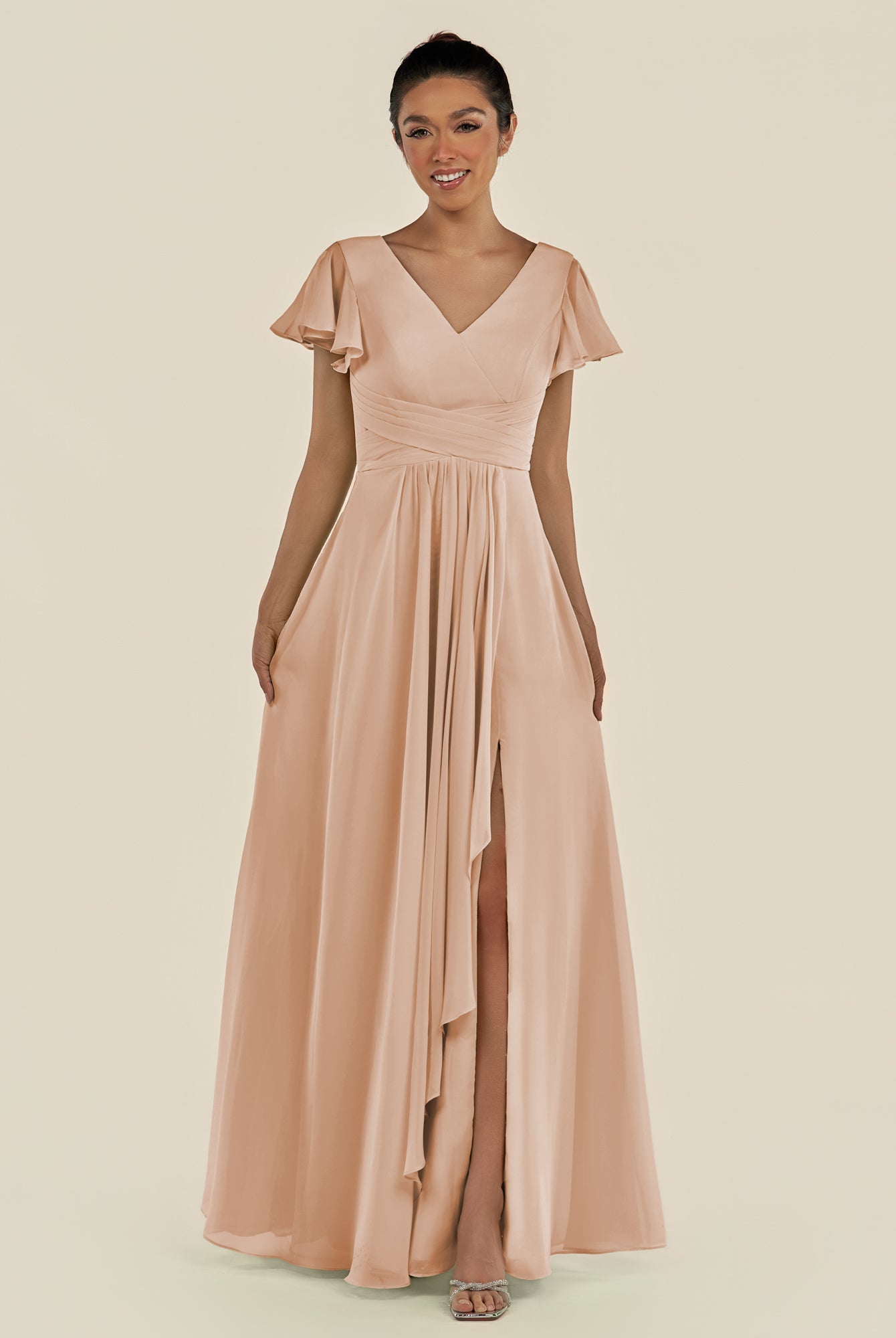 KissDress-Corin Champagne Rose A Line Chiffon V Neck Long Bridesmaid Dress with Flutter Sleeves
