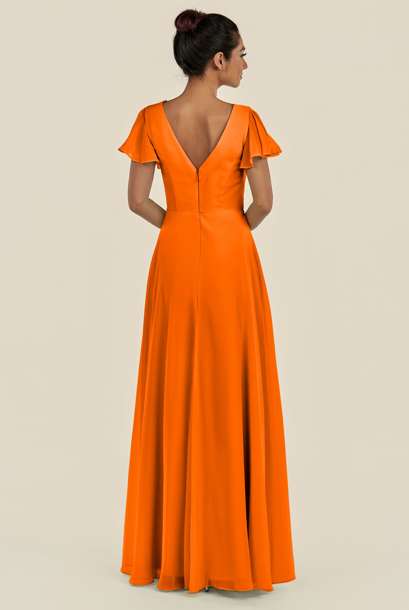 KissDress-Corin Cinnamon A Line Chiffon V Neck Long Bridesmaid Dress with Flutter Sleeves
