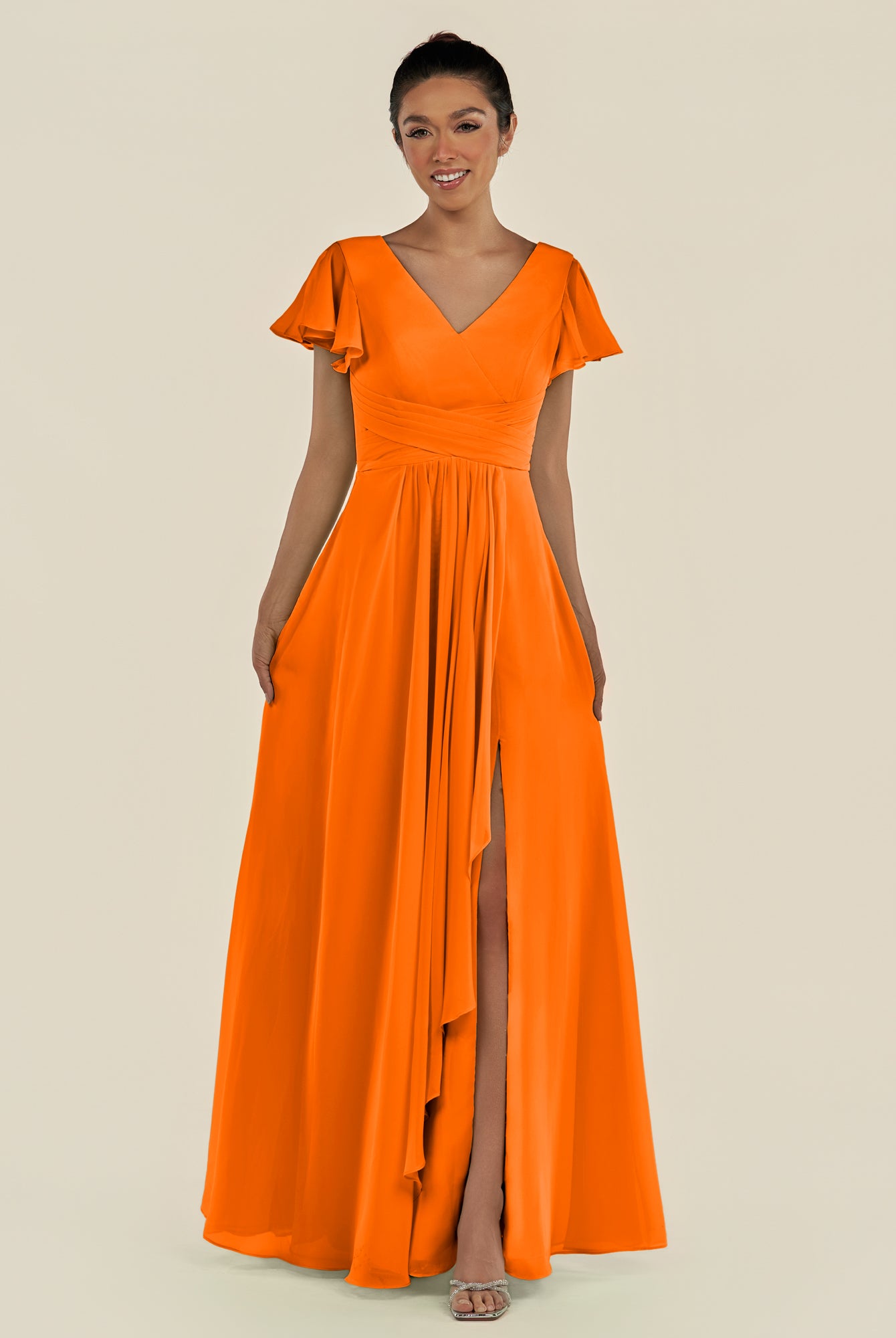 KissDress-Corin Cinnamon A Line Chiffon V Neck Long Bridesmaid Dress with Flutter Sleeves