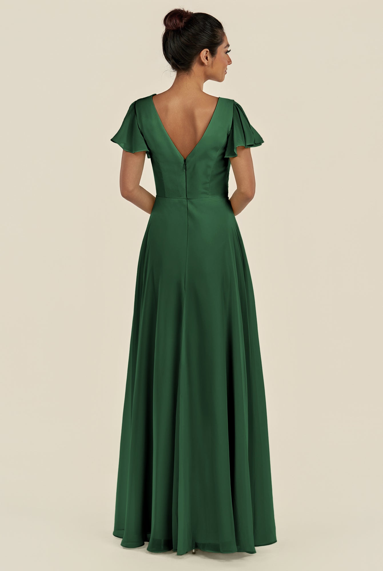 KissDress-Corin Dark Green A Line Chiffon V Neck Long Bridesmaid Dress with Flutter Sleeves