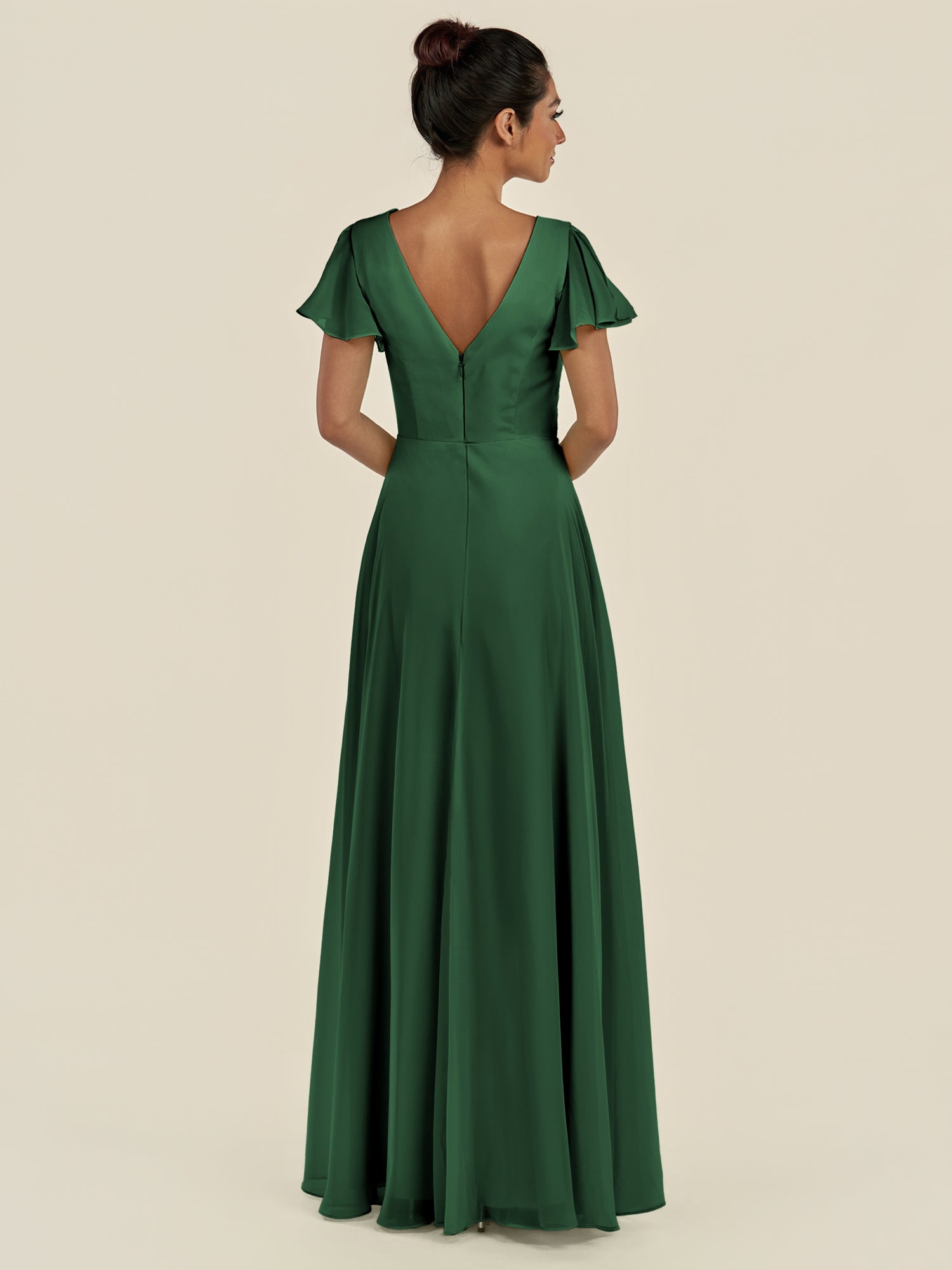 KissDress-Corin Dark Green A Line Chiffon V Neck Long Bridesmaid Dress with Flutter Sleeves
