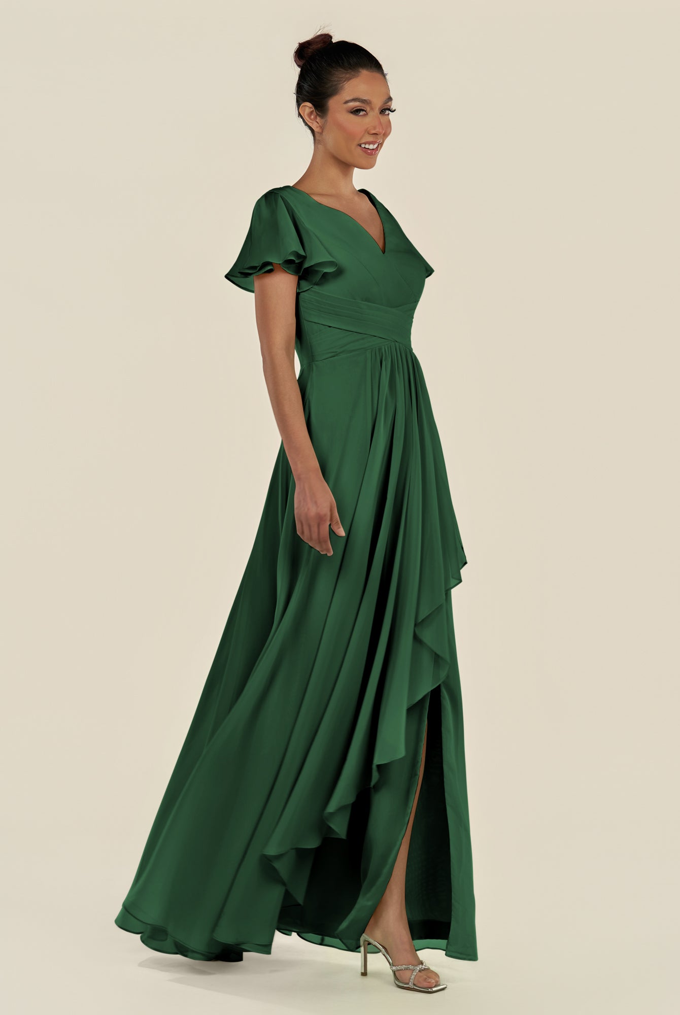 KissDress-Corin Dark Green A Line Chiffon V Neck Long Bridesmaid Dress with Flutter Sleeves